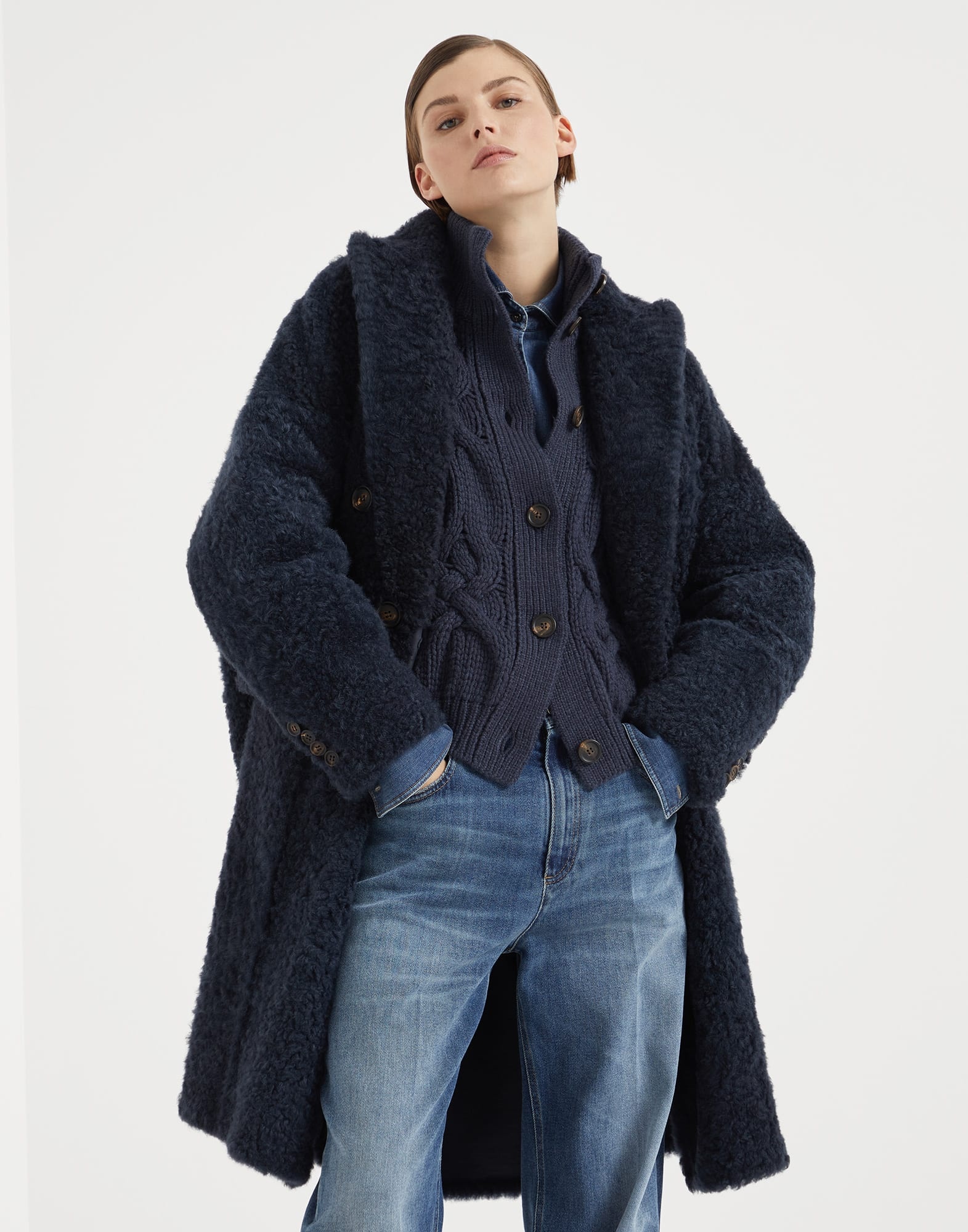 Frosty-effect shearling coat with monili - 4