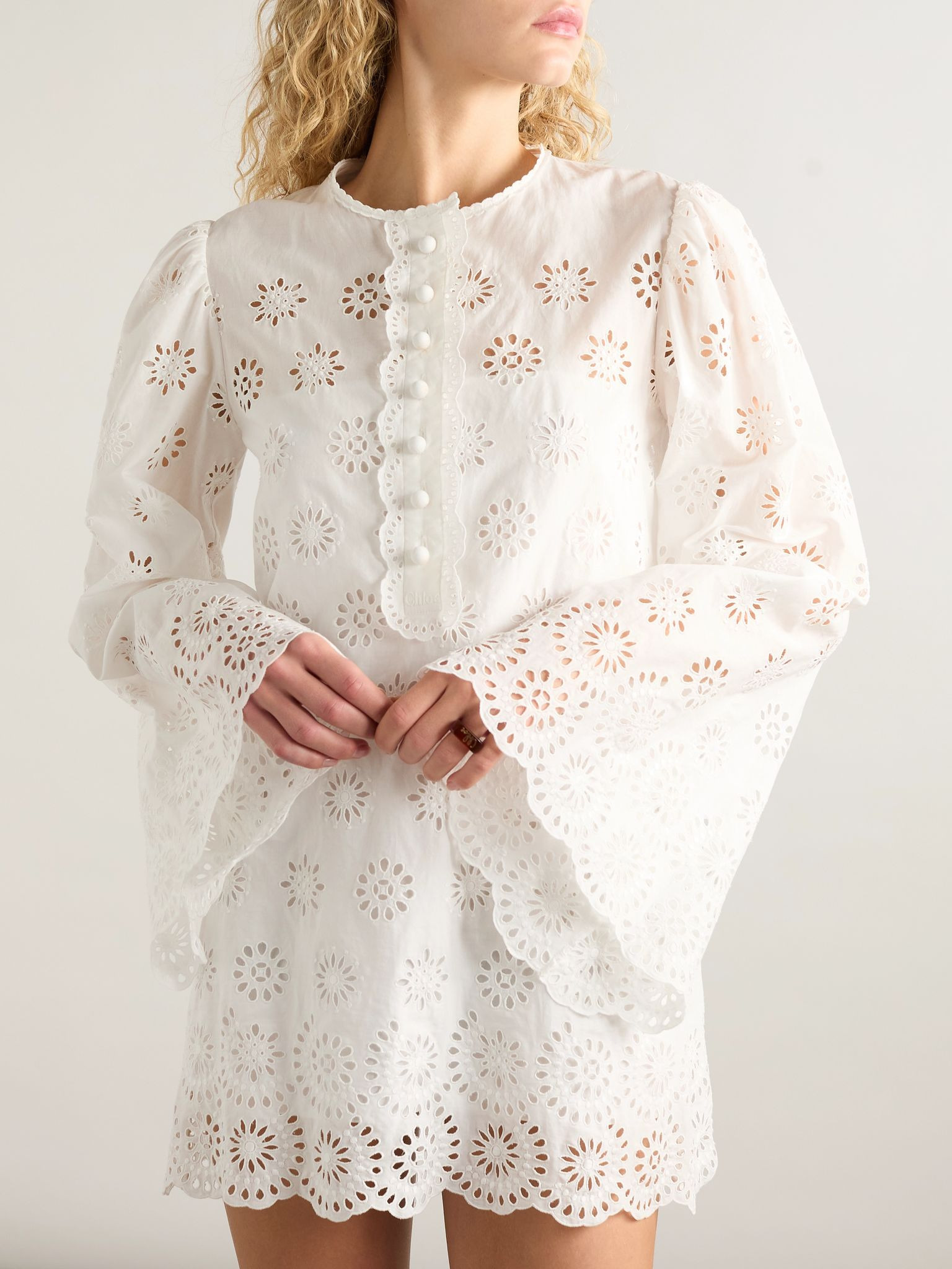 Scalloped broderie anglaise cotton-blend mini dress White - 3