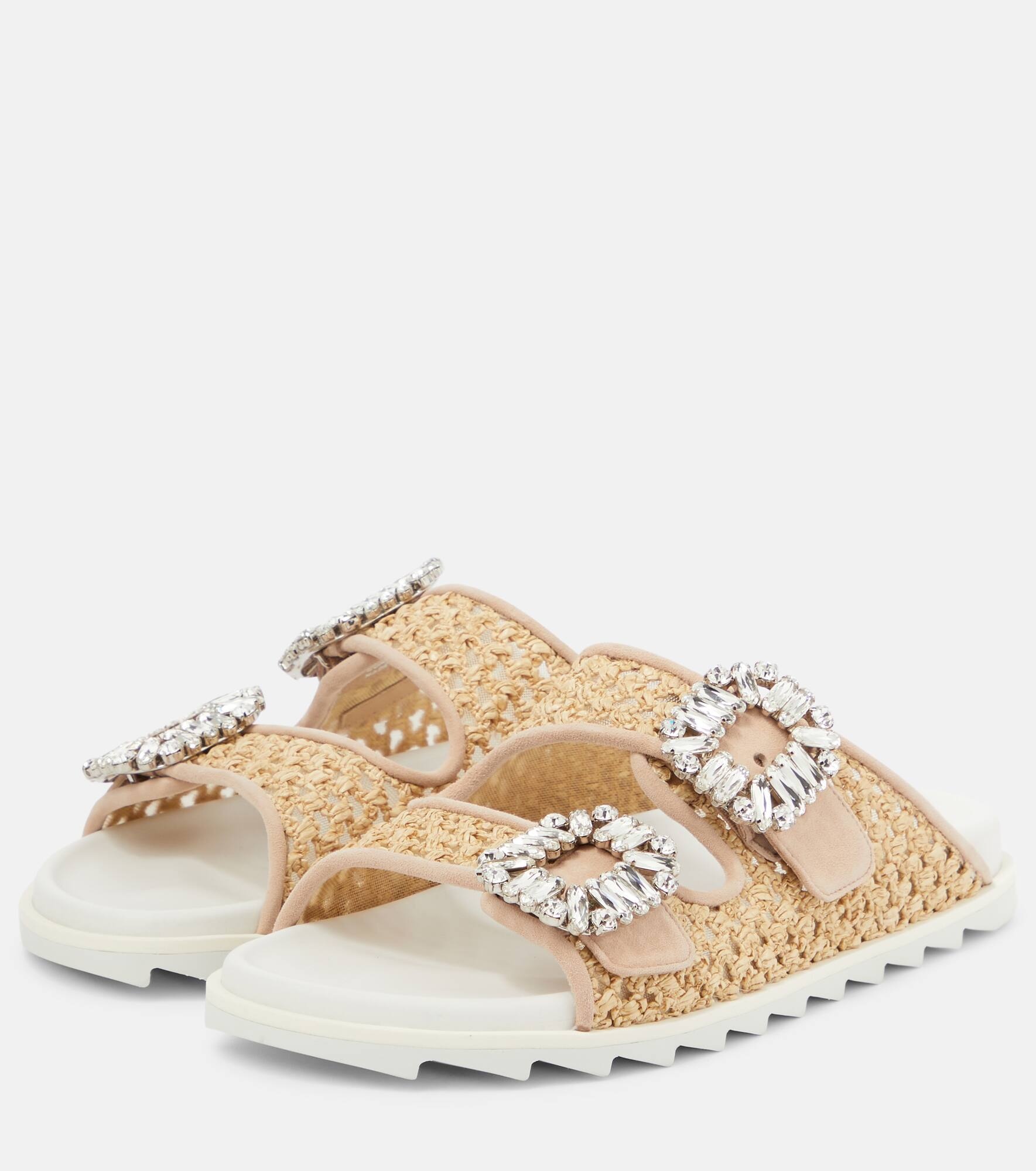 Slidy Viv' leather-trimmed raffia slides - 5