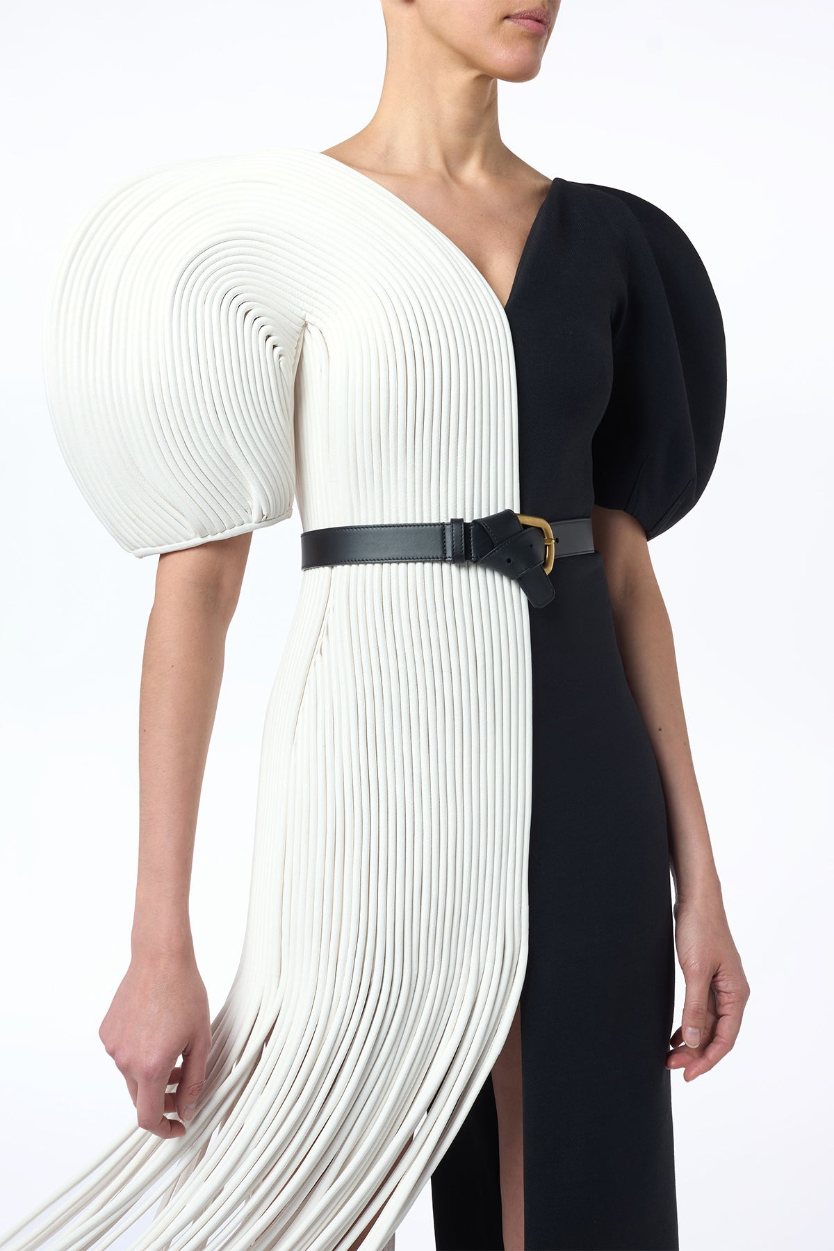 Lysander Fringe Midi Dress in Ivory Nappa Leather & Black Wool Silk Cady - 4