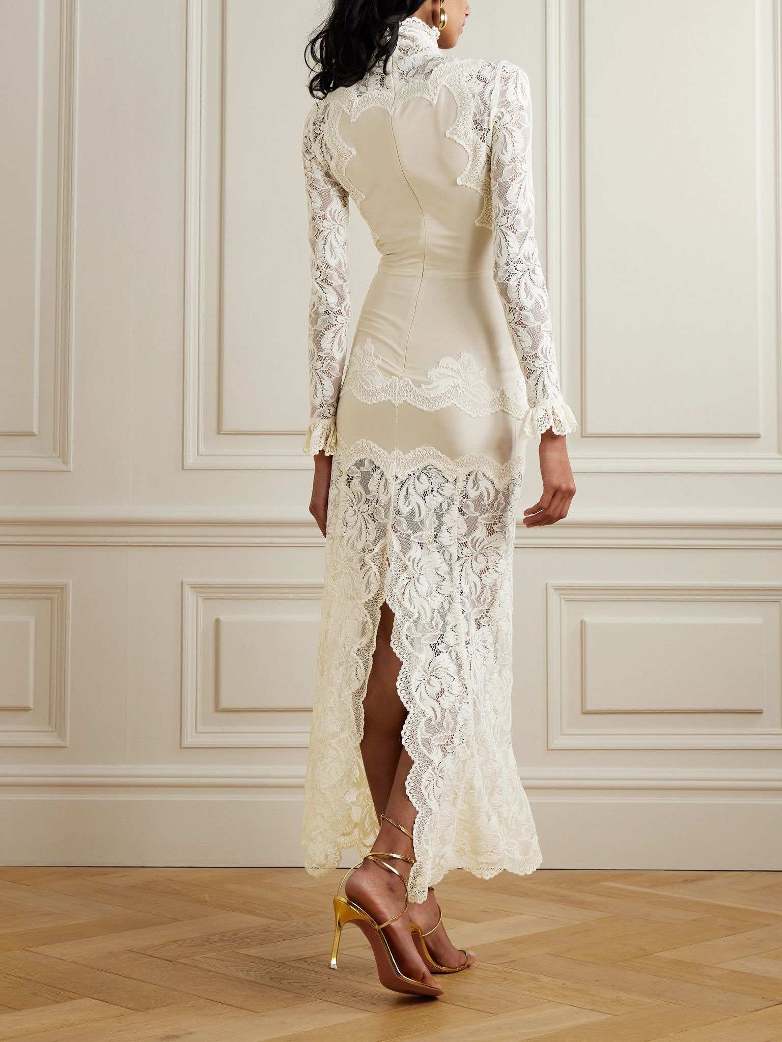Lace-trimmed silk-satin maxi dress Ivory - 3