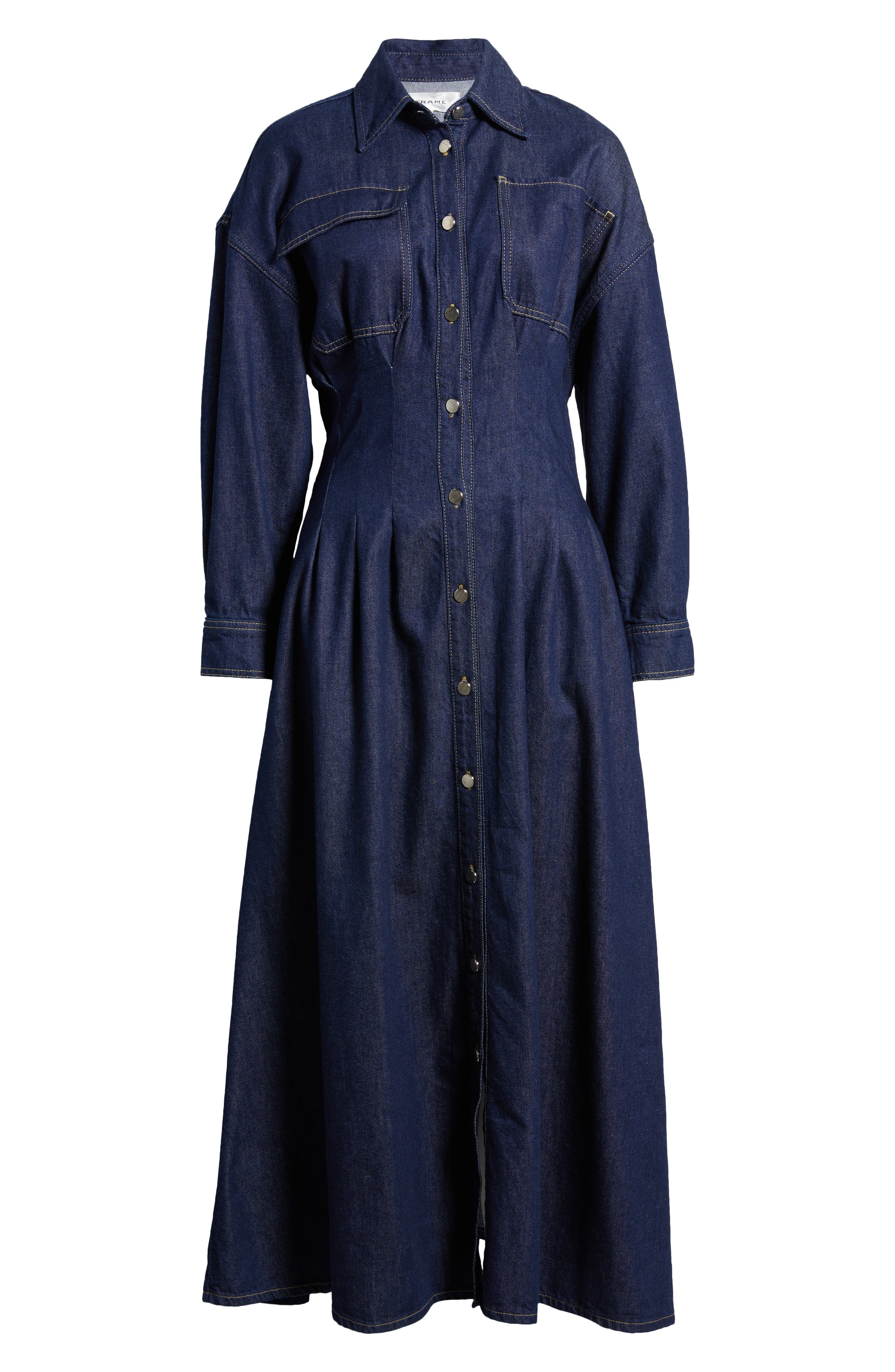 FRAME Nipped Long Sleeve Twill Maxi Dress in Rinse at Nordstrom - 5