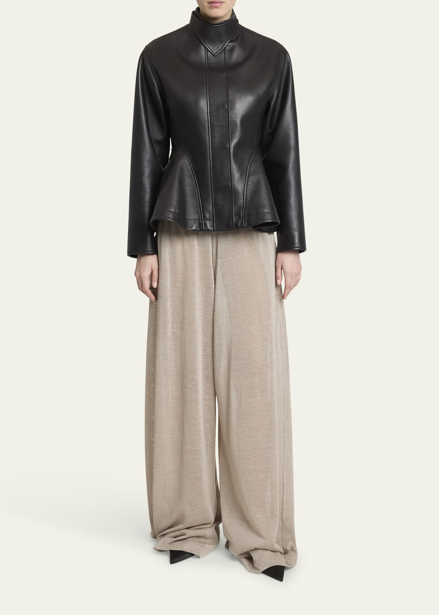 High-Neck Leather Peplum Jacket - 2