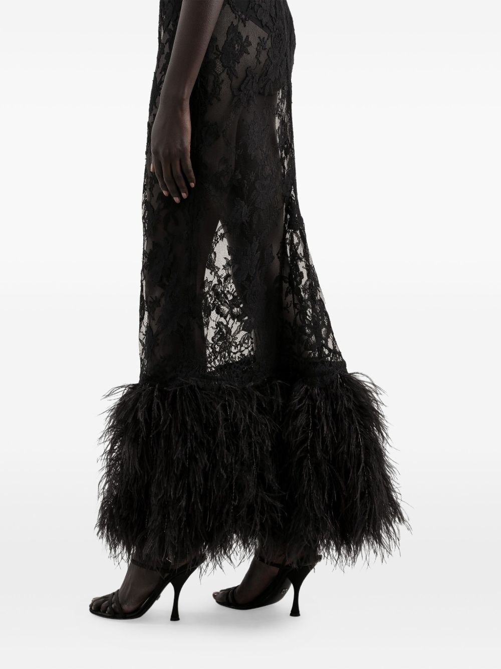 feather-trimmed lace dress - 5