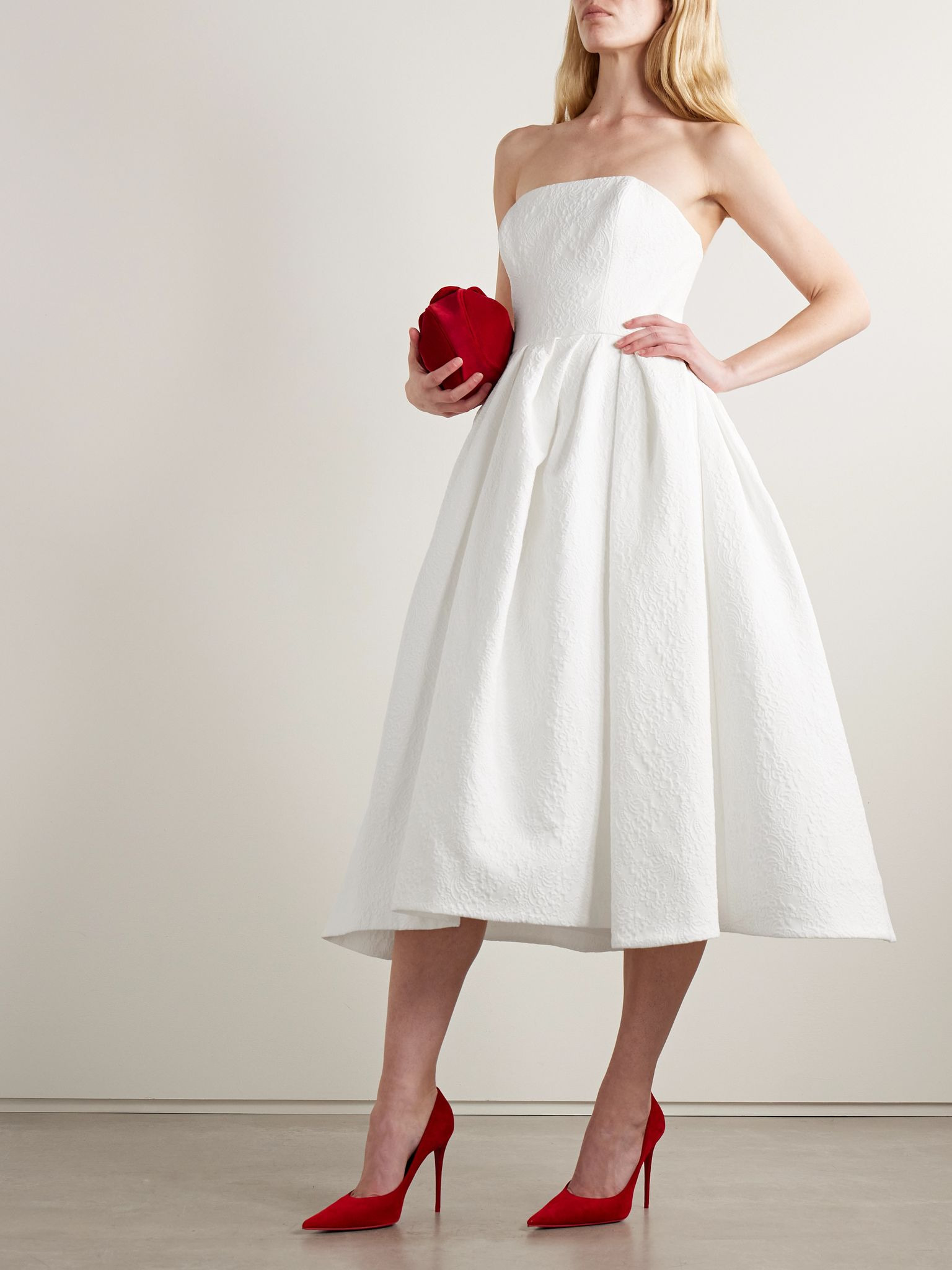 Strapless pleated cotton-blend cloqué midi dress White - 2