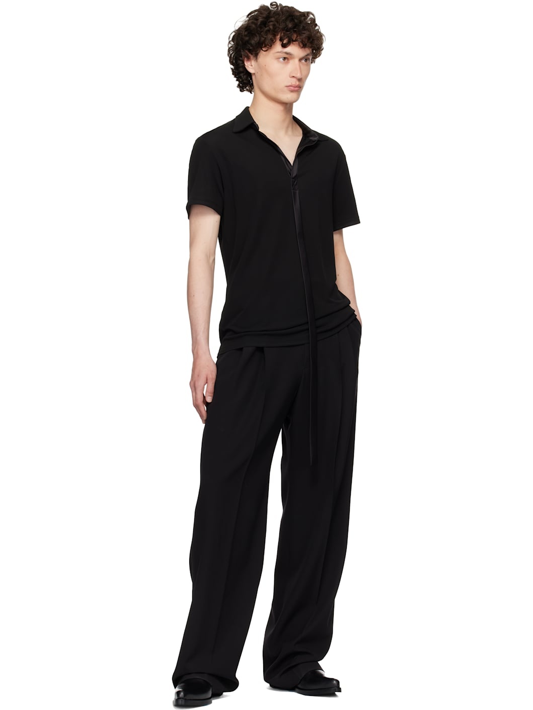 Black Satin Strip Viscose Polo - 4