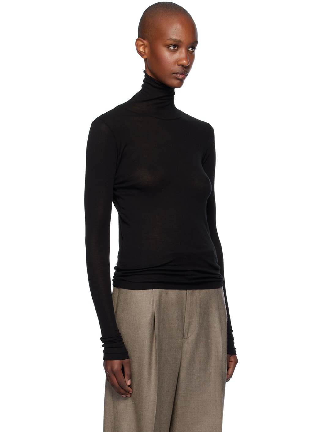 Black High Gauge Sheer Rib Turtleneck - 2