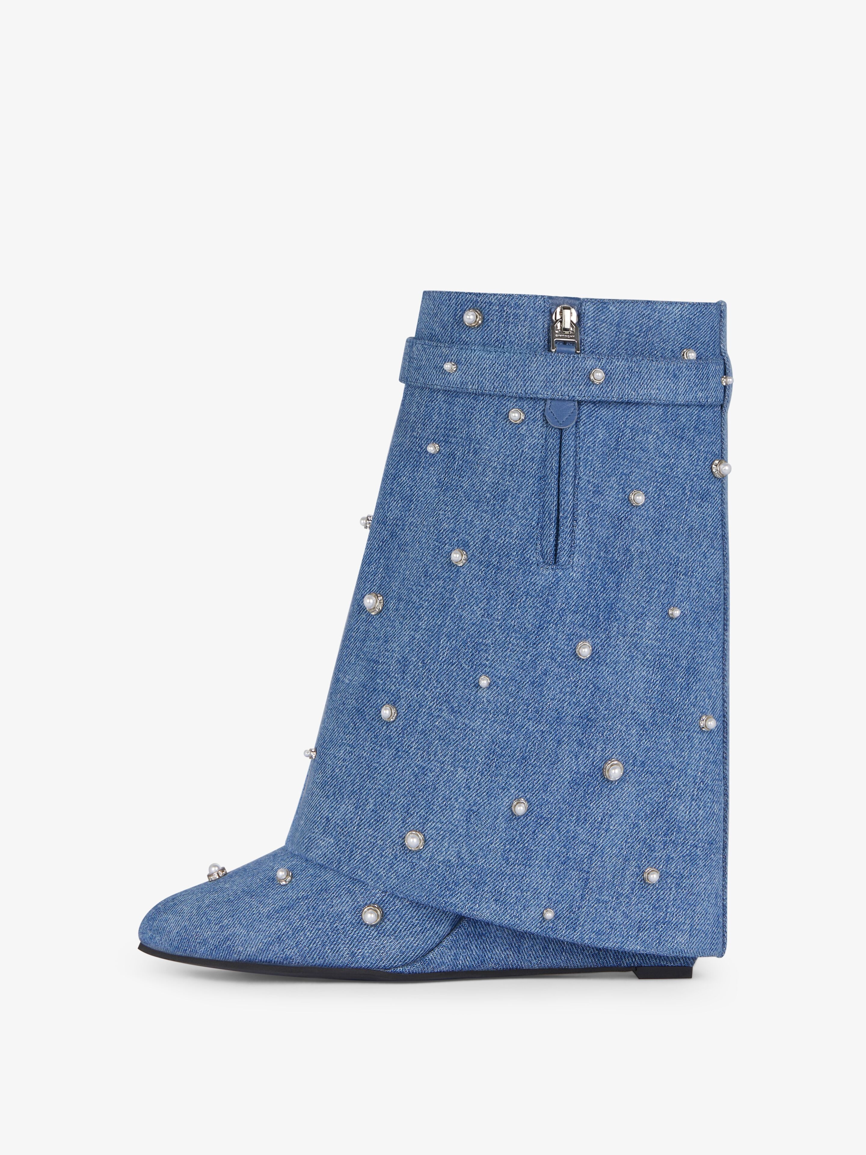 SHARK LOCK ANKLE BOOTS IN DENIM WITH PEARLS - 5