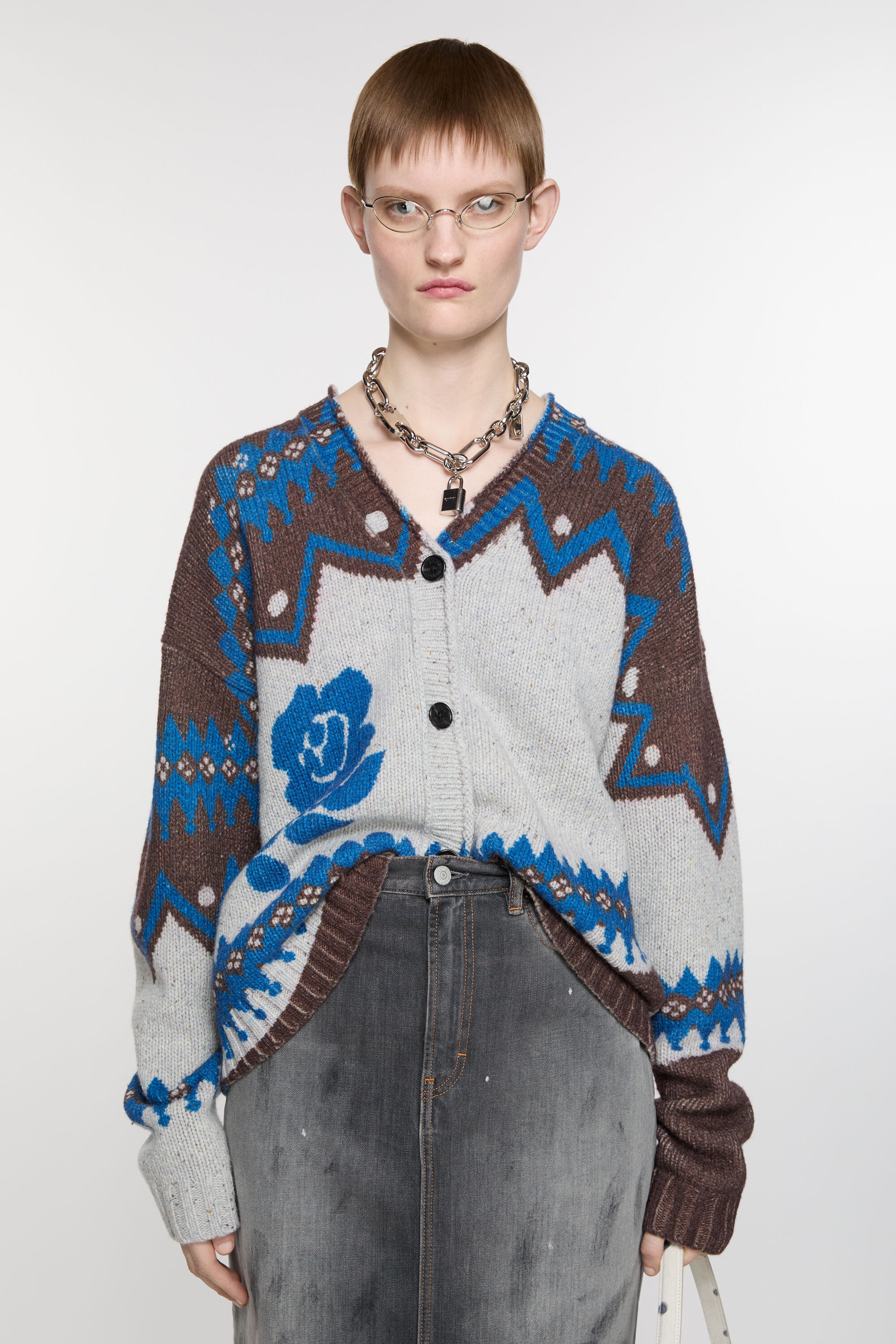 Jacquard wool cardigan - Brown/multi - 2