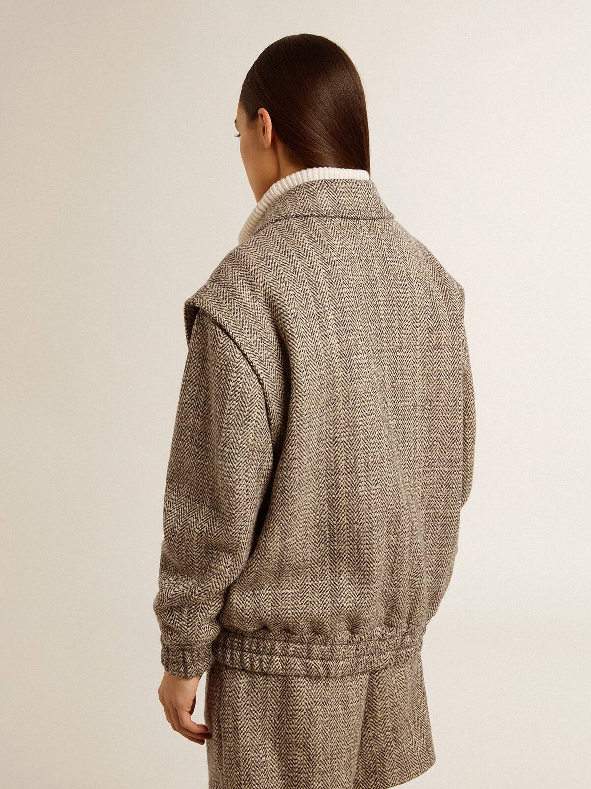 Women's bomber jacket in ecru brown herringbone wool - 6