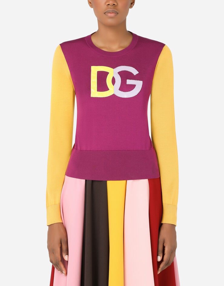 Multi-colored silk sweater with patent leather DG patch - 1