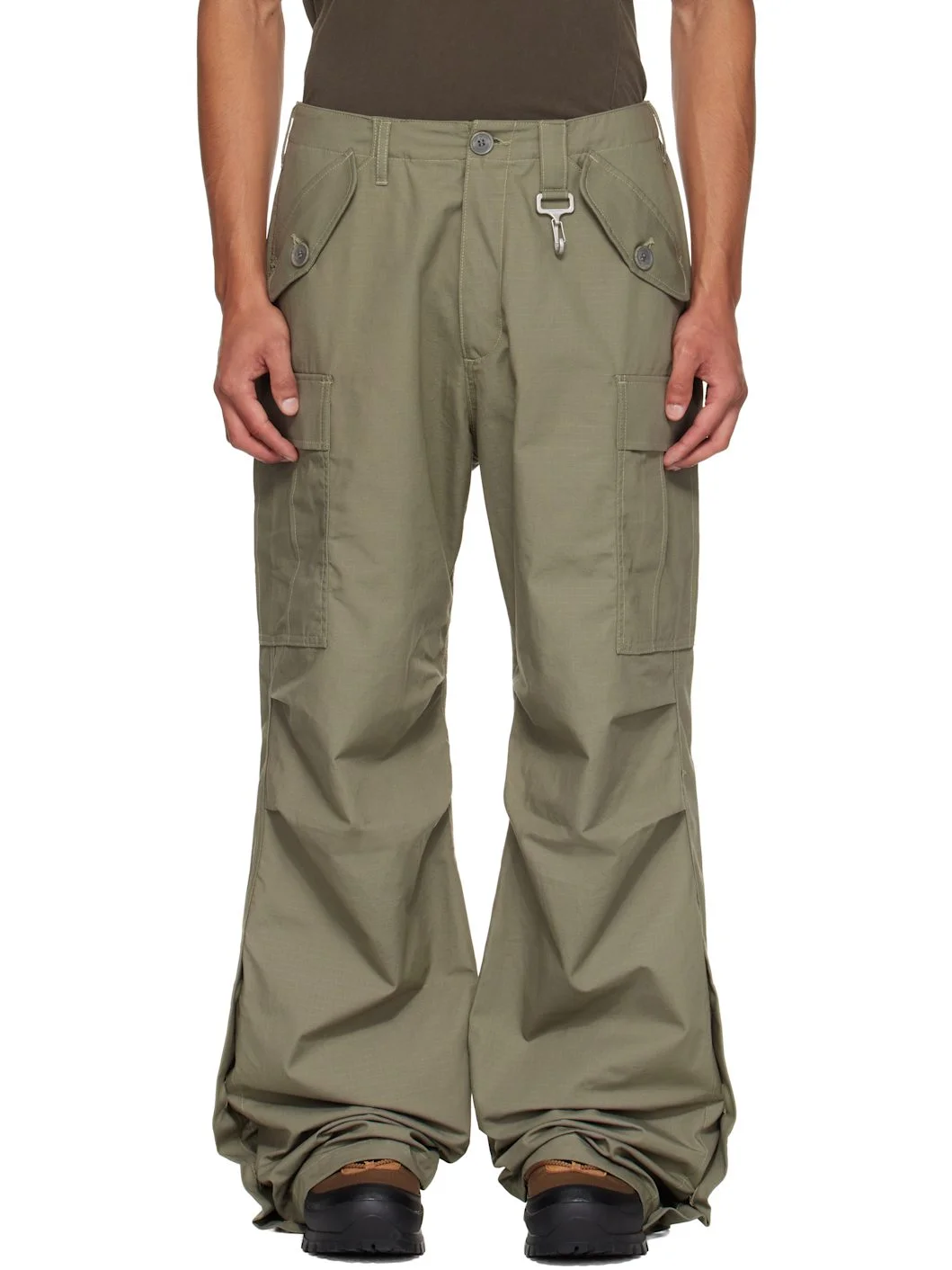 Khaki Cotton Ripstop Wide Leg Cargo Pants - 1