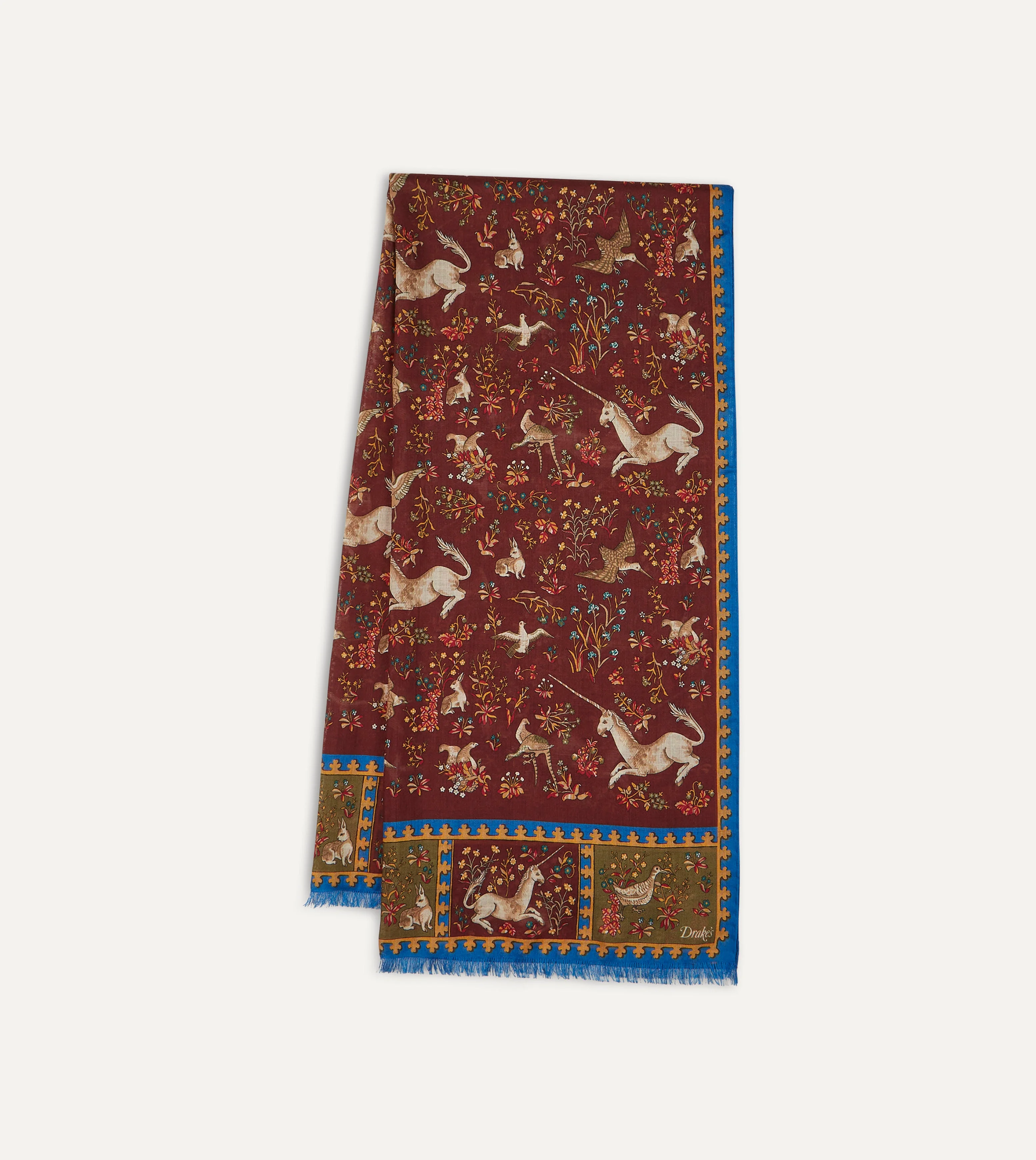 Burgundy Unicorn Print Wool-Silk Scarf - 1