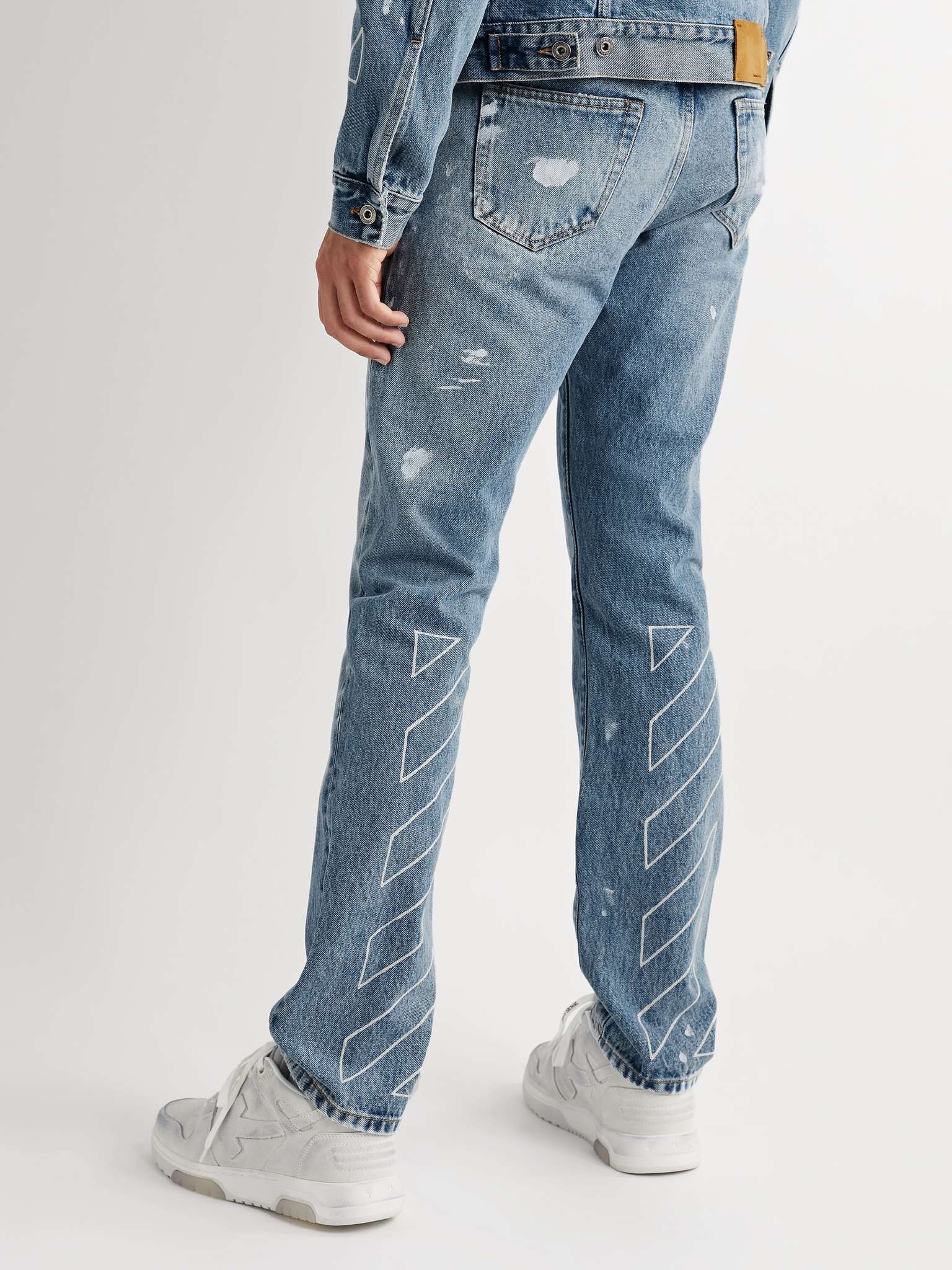 Slim-Fit Paint-Splattered Embroidered Jeans - 4