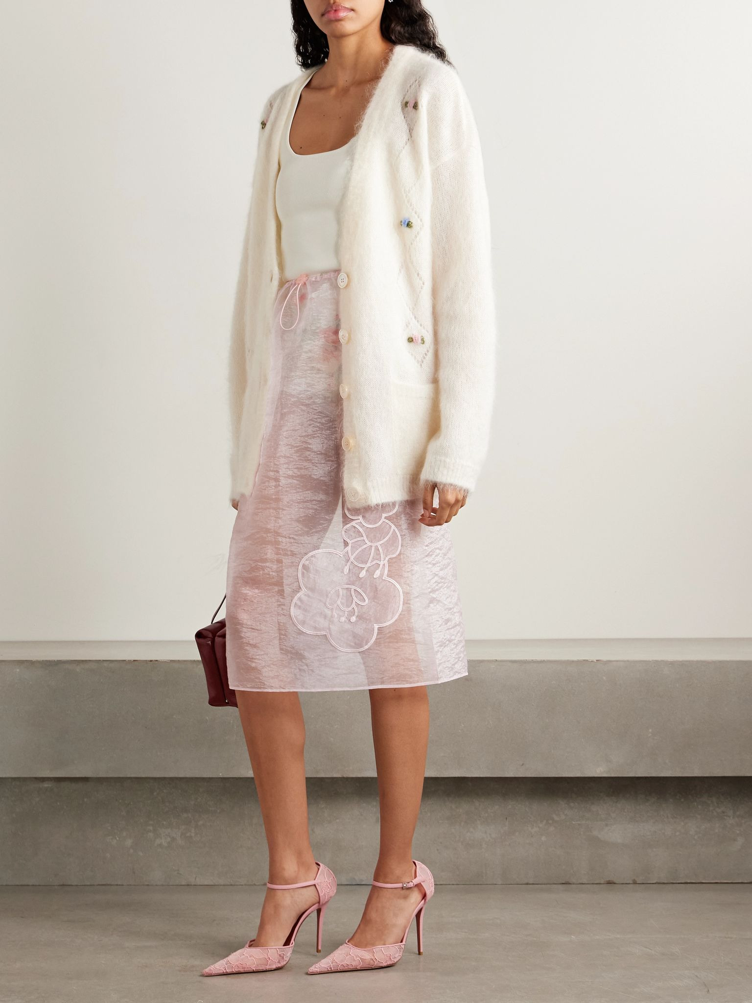 Embroidered pointelle-knit mohair-blend cardigan White - 2