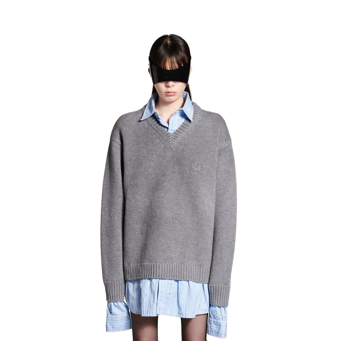 Women's Layered Shirt V-neck Sweater in Grey - 5