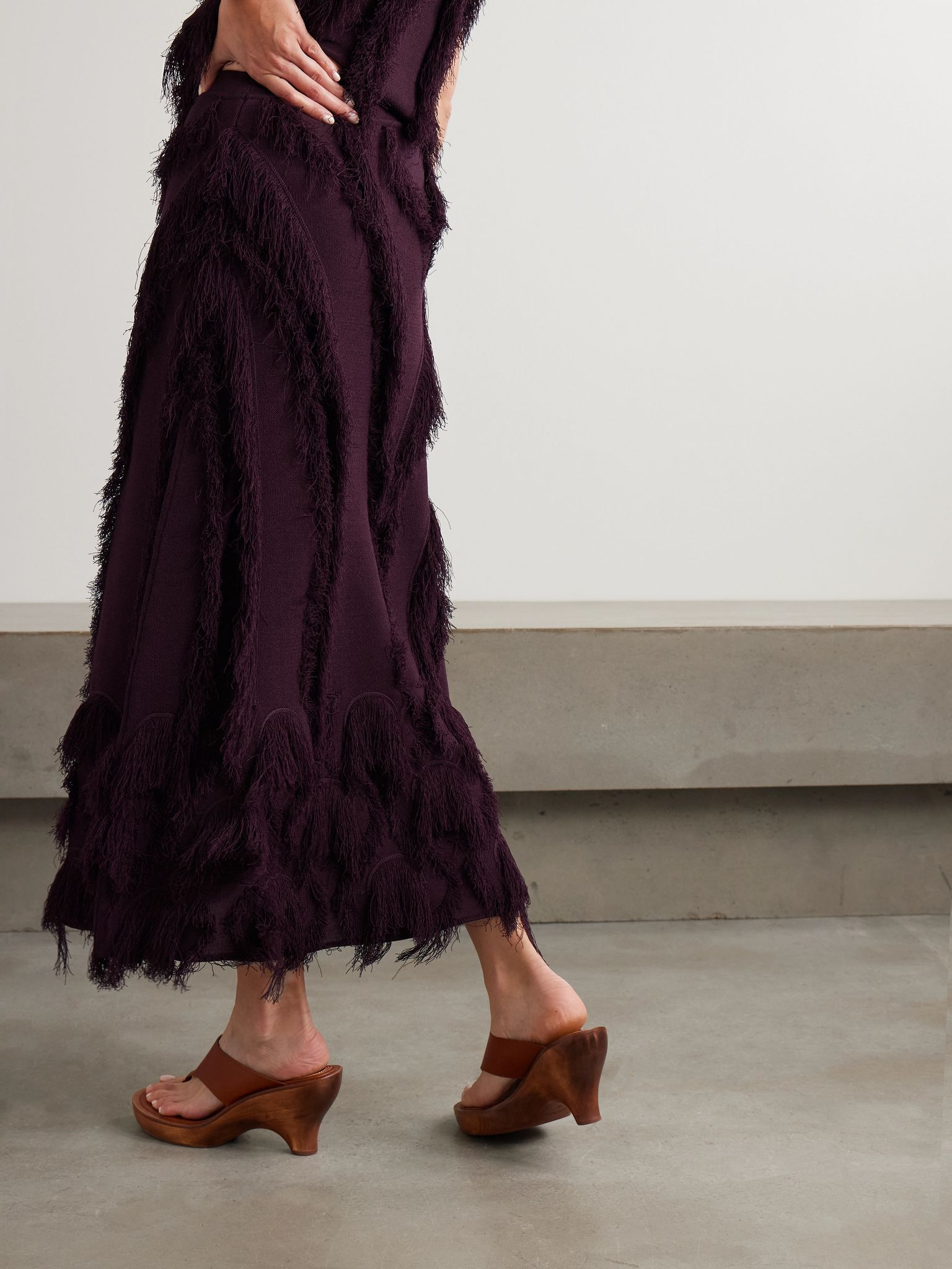 Astrid fringed stretch-knit midi skirt Purple - 3