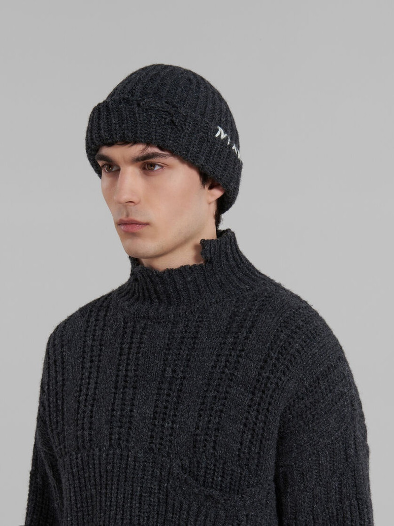 Marni DARK GREY RIBBED BEANIE WITH HAND-STITCHED LOGO outlook