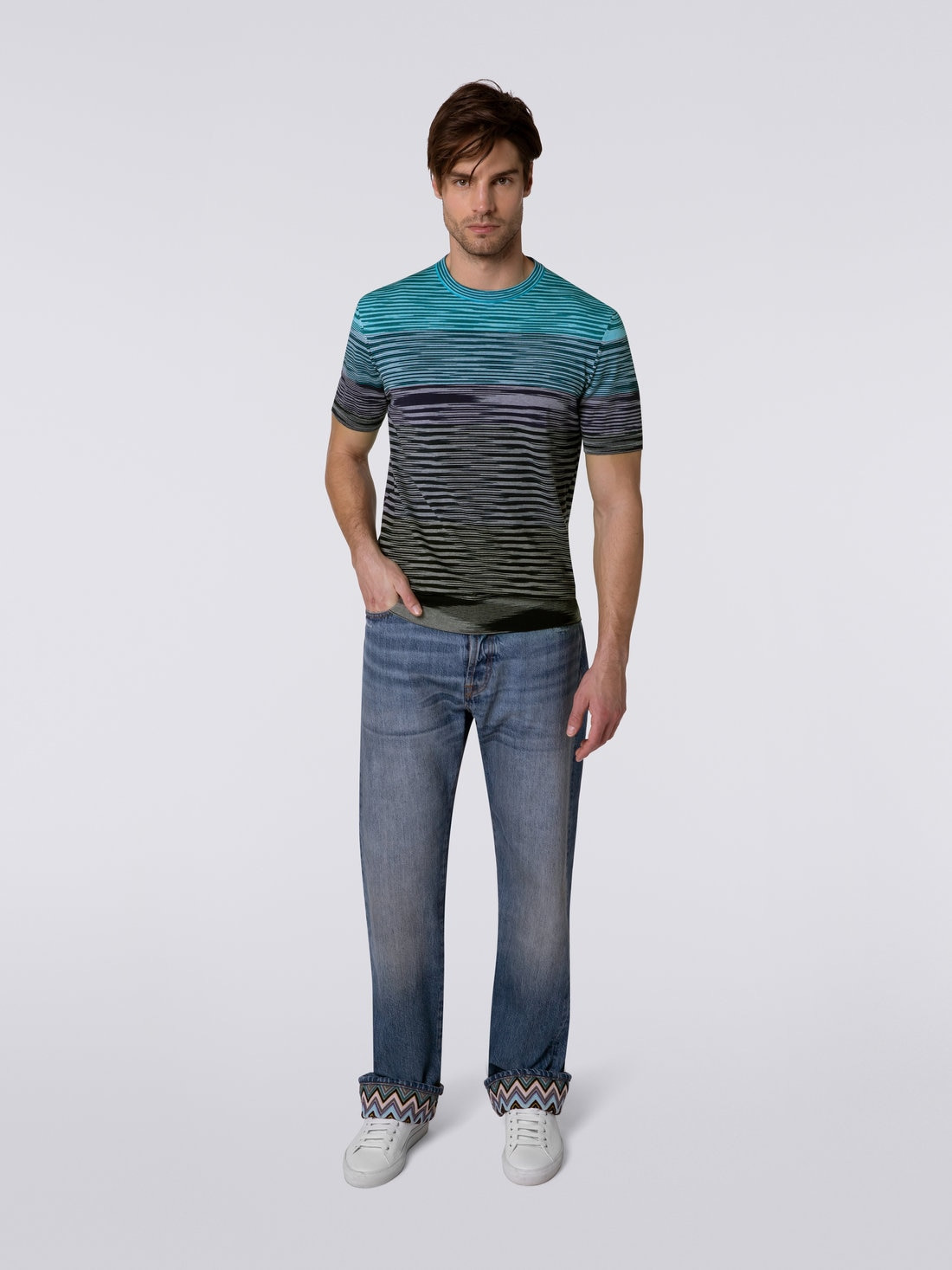 Short-sleeved crew-neck T-shirt in cotton knit with dégradé stripes - 2