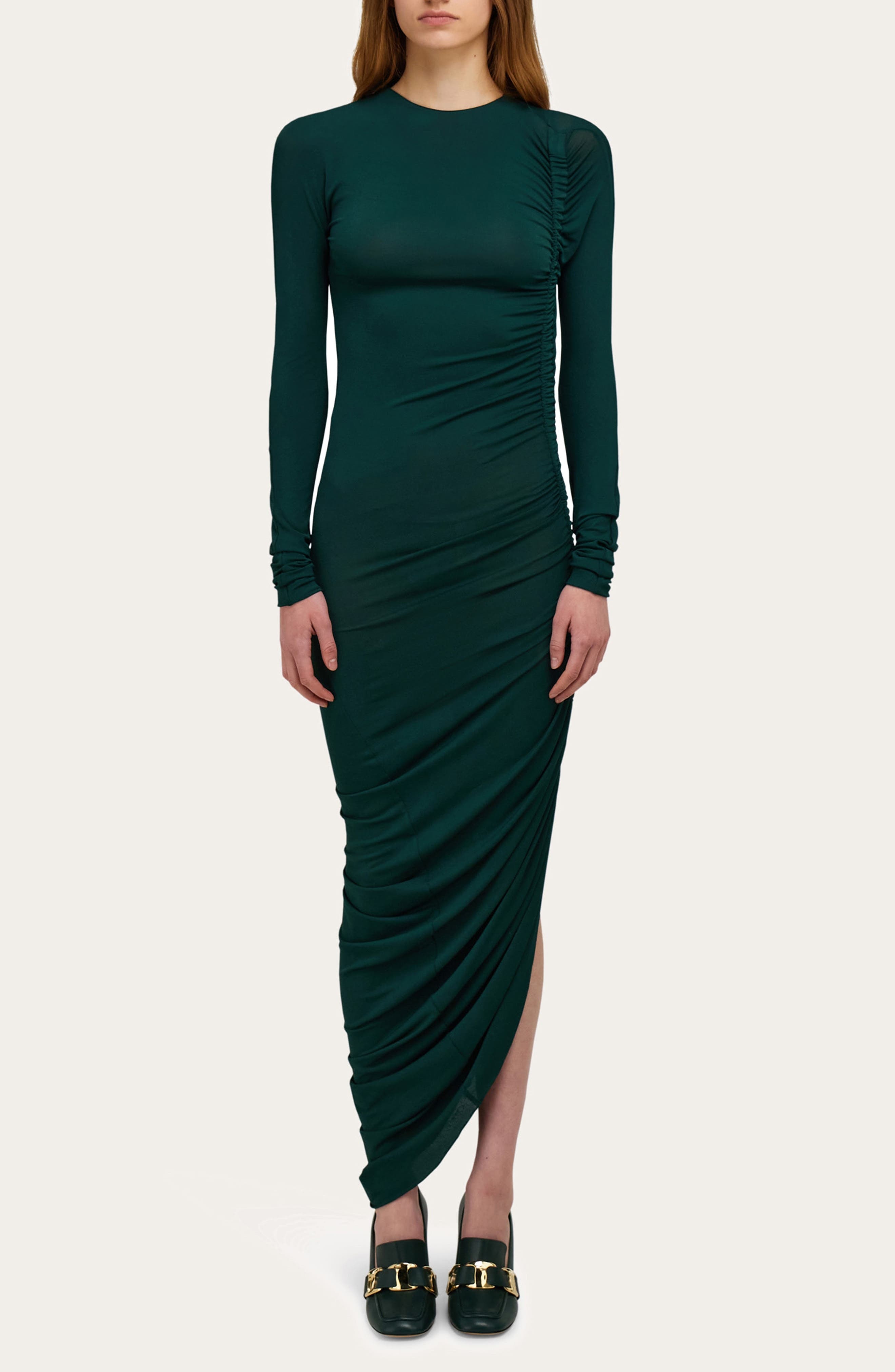 FERRAGAMO Side Ruched Asymmetric Long Sleeve Jersey Dress in Moss at Nordstrom - 5