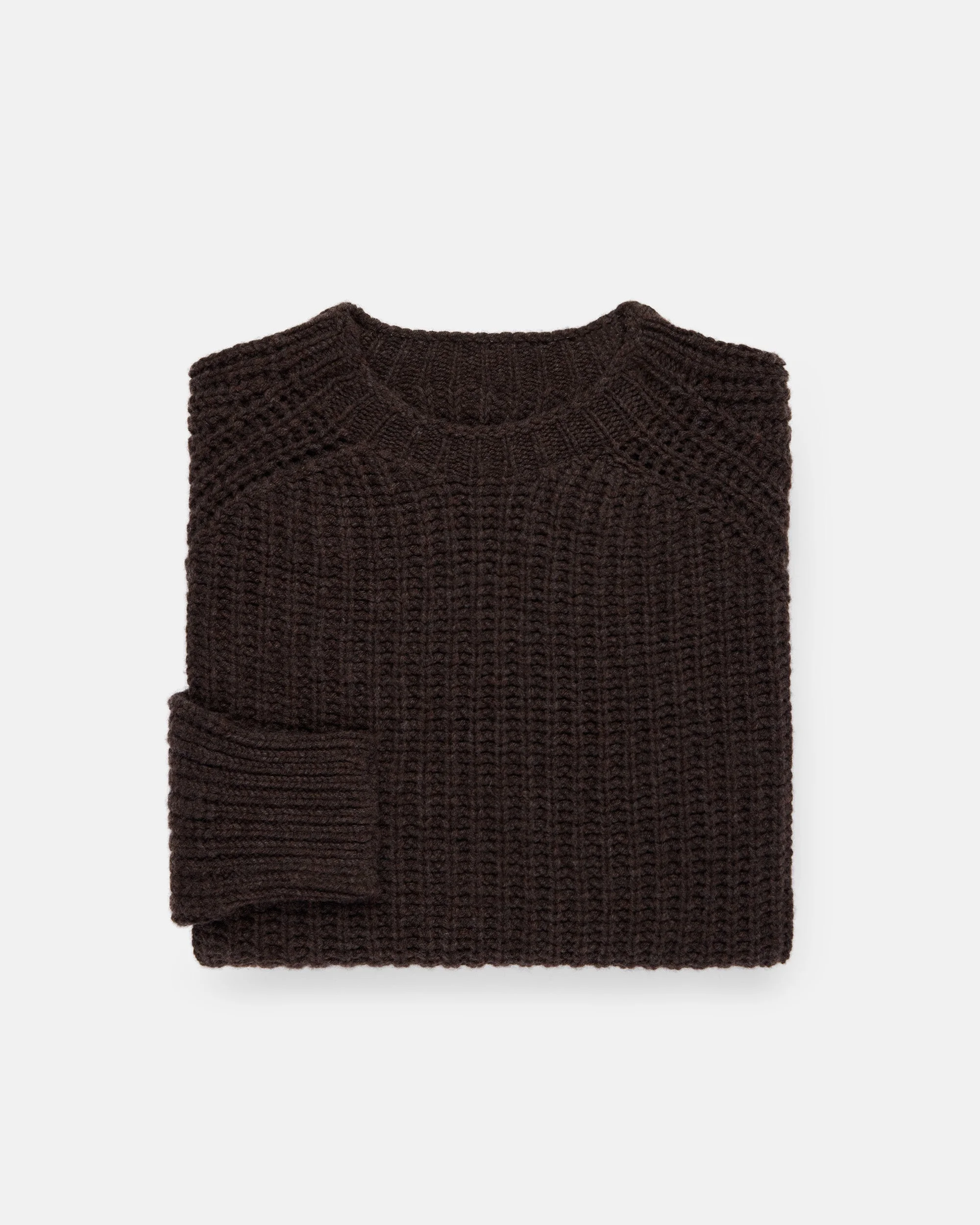 MADE-IN-SCOTLAND DARK BROWN LAMBSWOOL SHAKER STITCH CREW NECK SWEATER - 1