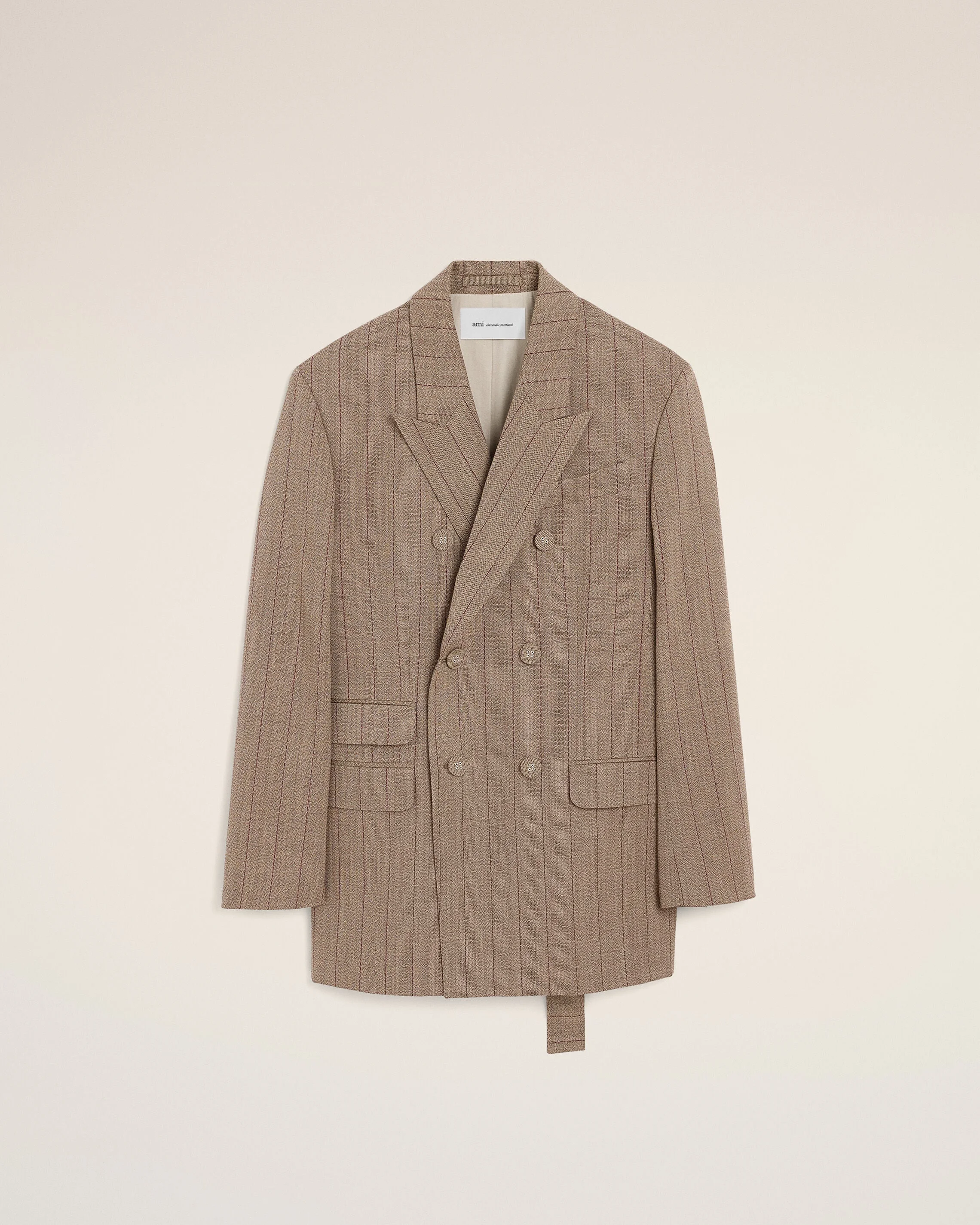 BROWN DOUBLE BREASTED STRIPED WOOL BLAZER - 1