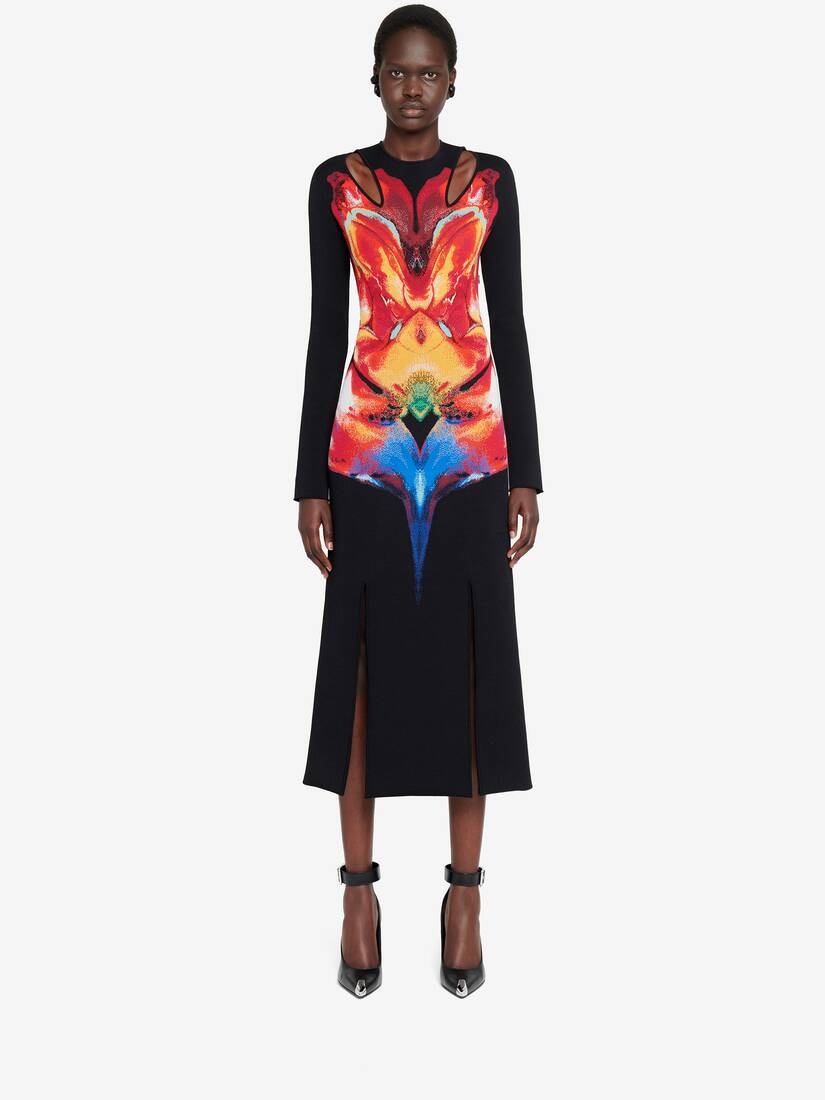 Women's Solarised Orchid Jacquard Slashed Dress in Black/red/yellow - 2
