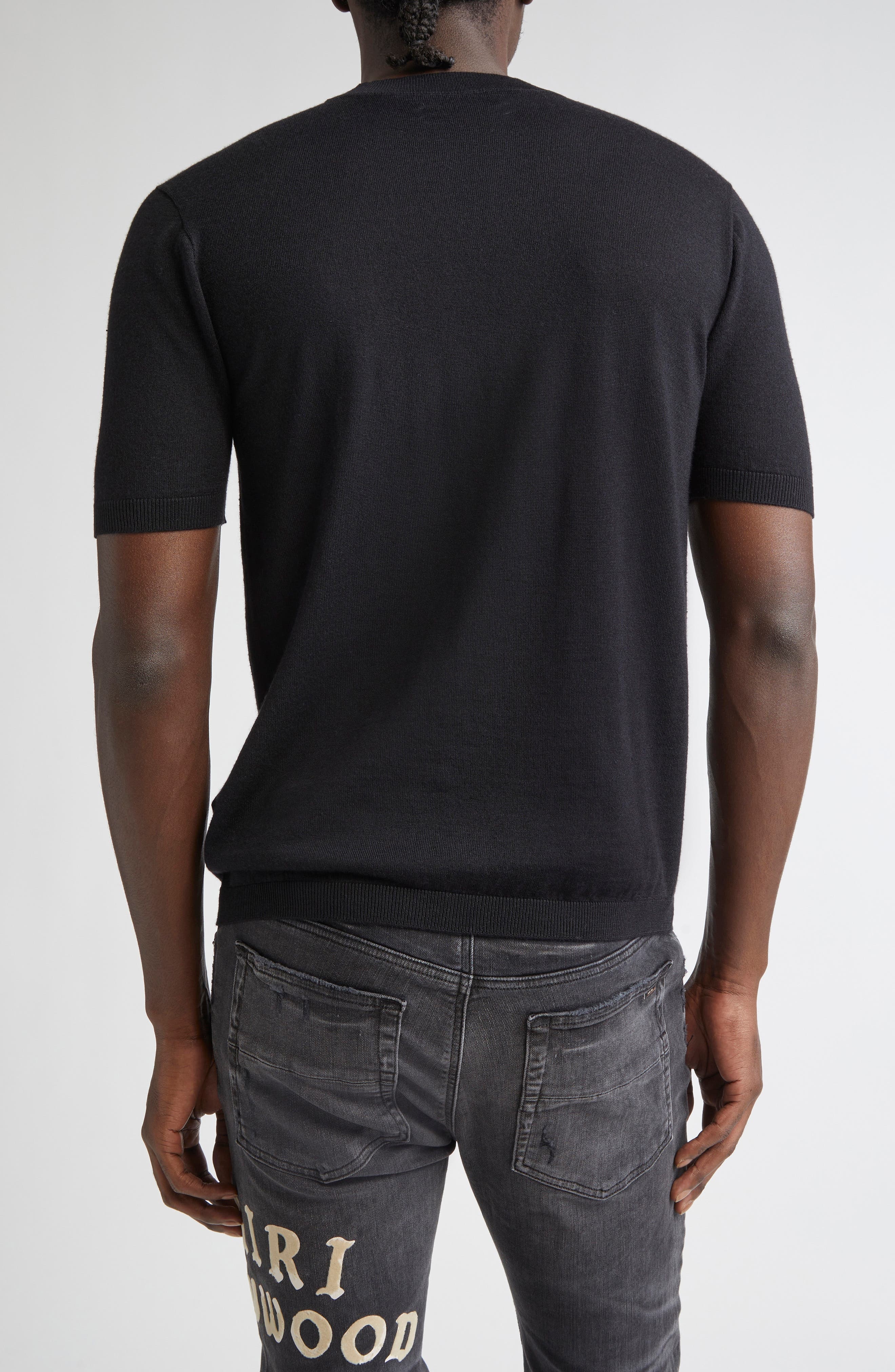 AMIRI MA Monogram Embroidered Short Sleeve Wool & Silk Sweater in Black at Nordstrom - 3