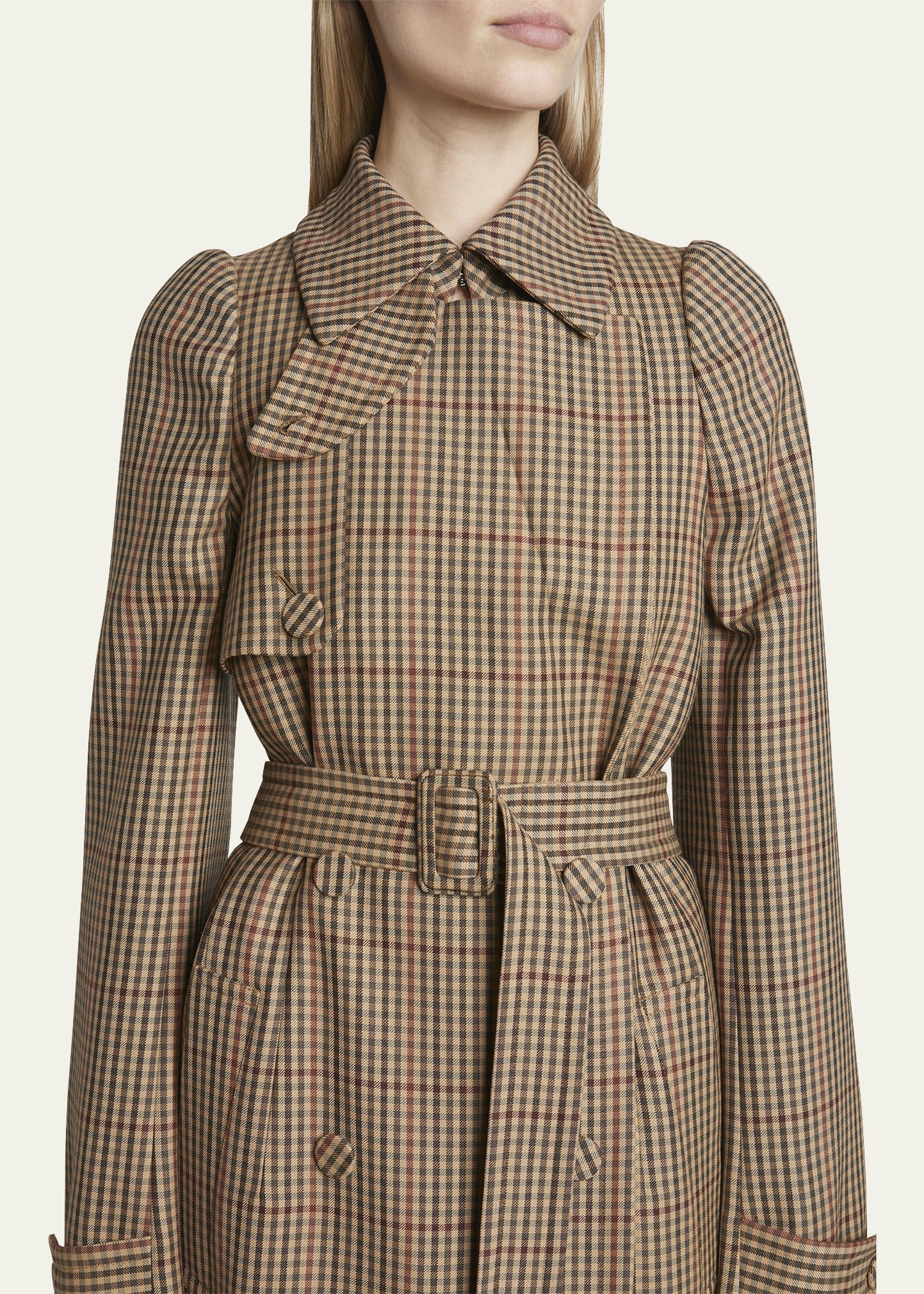 Remis Wool Check Belted Trench Coat - 5