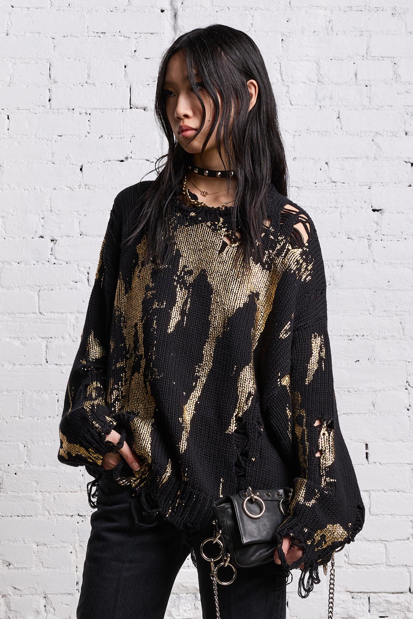 OVERSIZED SWEATER - GOLD SPLATTERED BLACK - 2