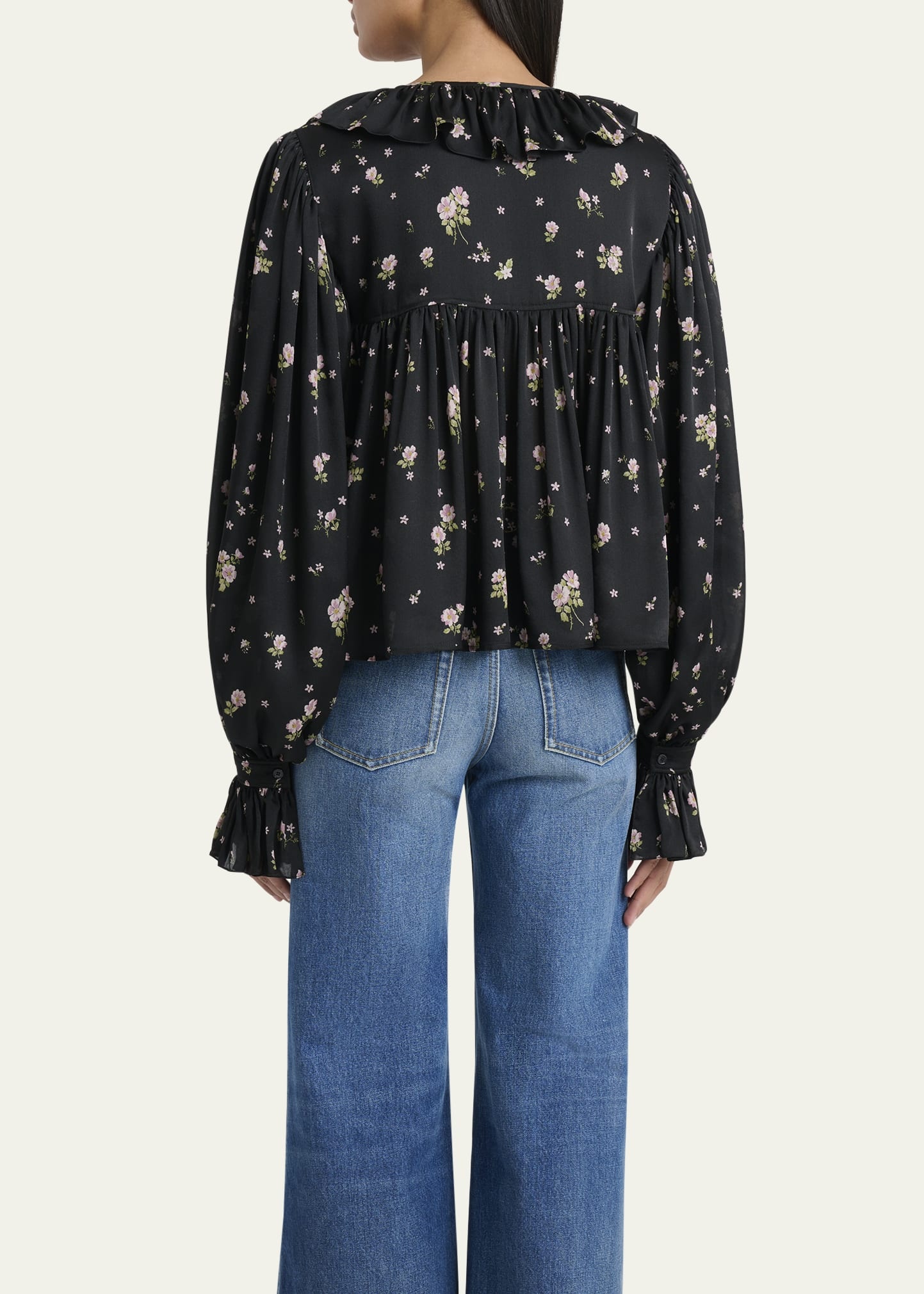 Floral Silk Ruffle Peasant Blouse - 3