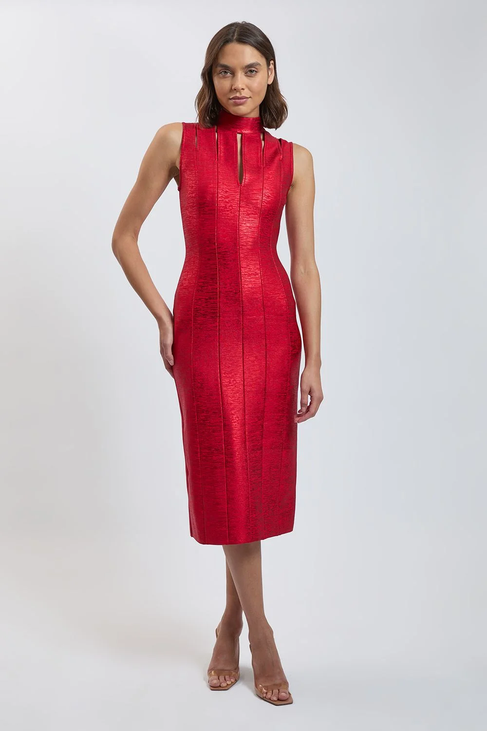 Foil Bandage Figure Form Cut-Out Midi Dress - 1