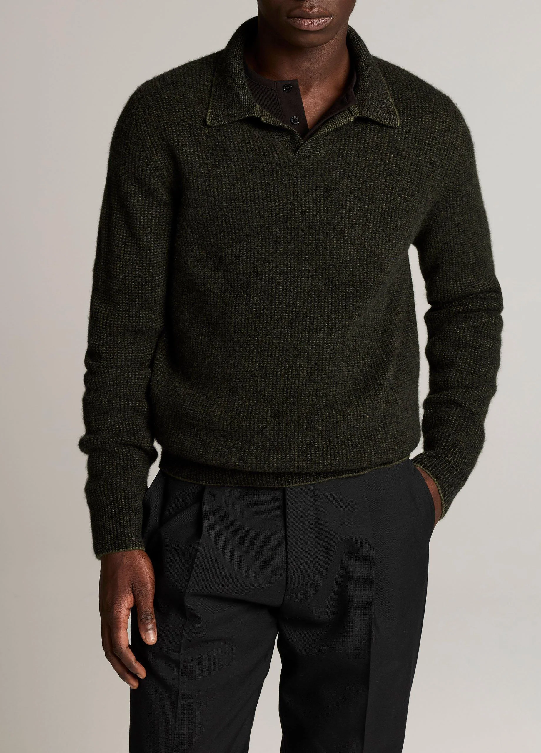 Plush Cashmere Thermal Johnny-Collar Sweater - 1