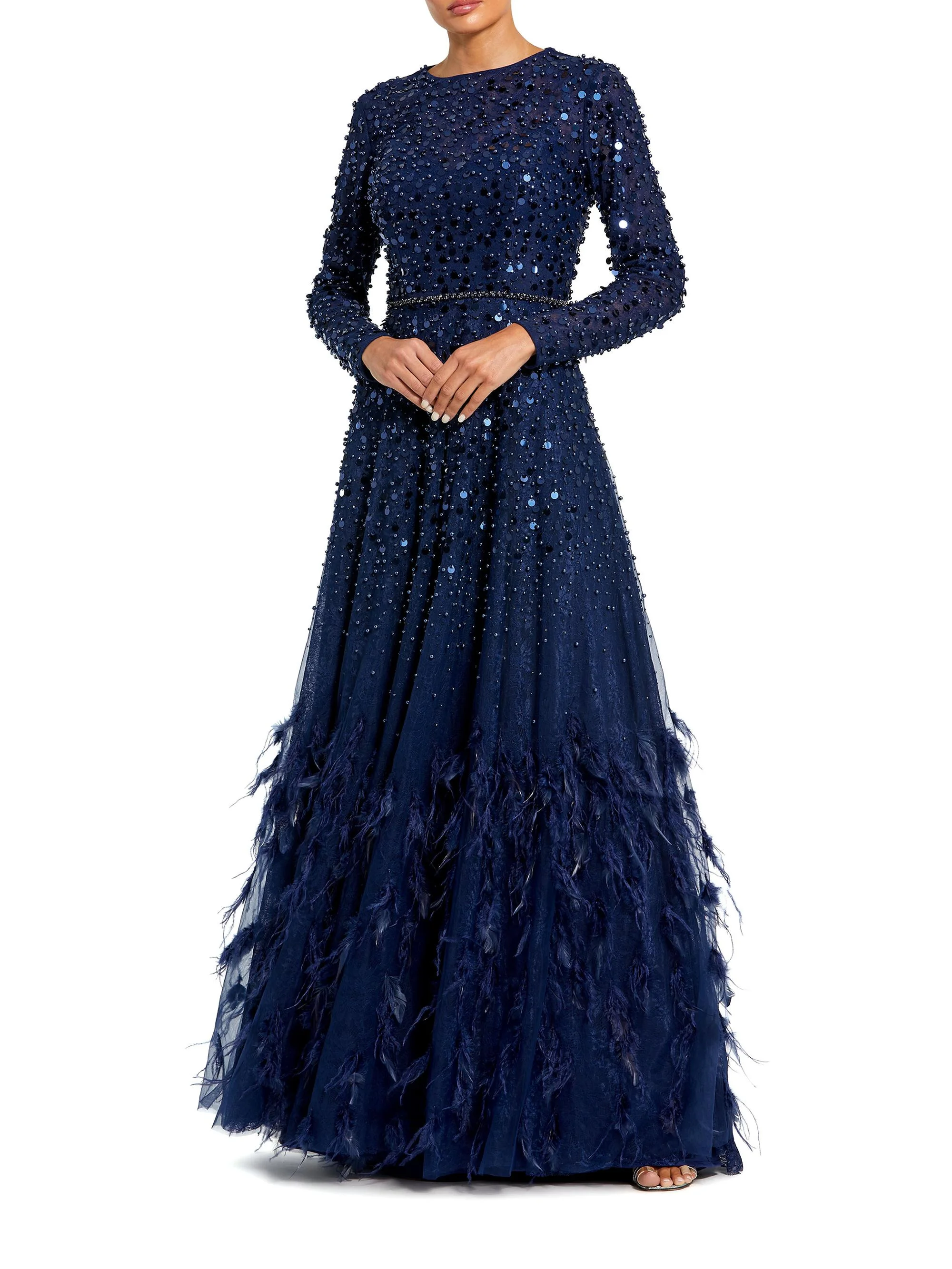 Women's Sequin & Feather Embellished Gown - Midnight - 1