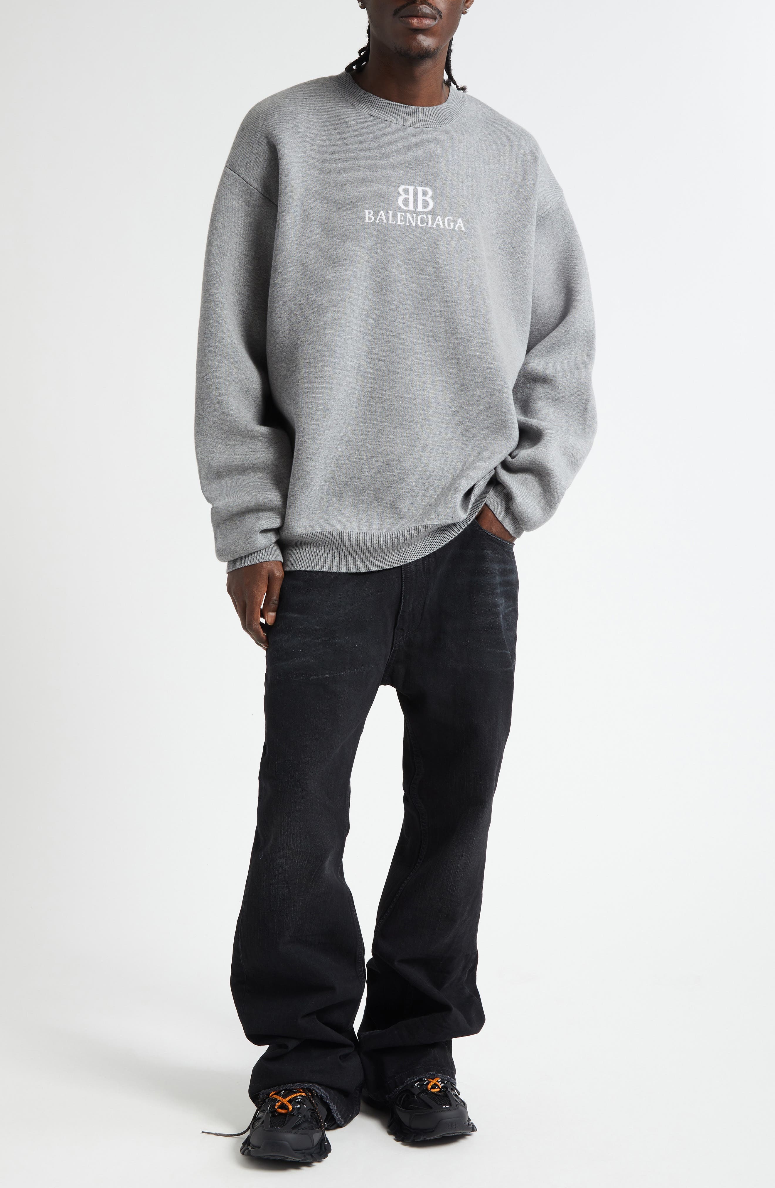 Balenciaga BB Logo Jacquard Crewneck Sweater in Heather Grey/White at Nordstrom - 2