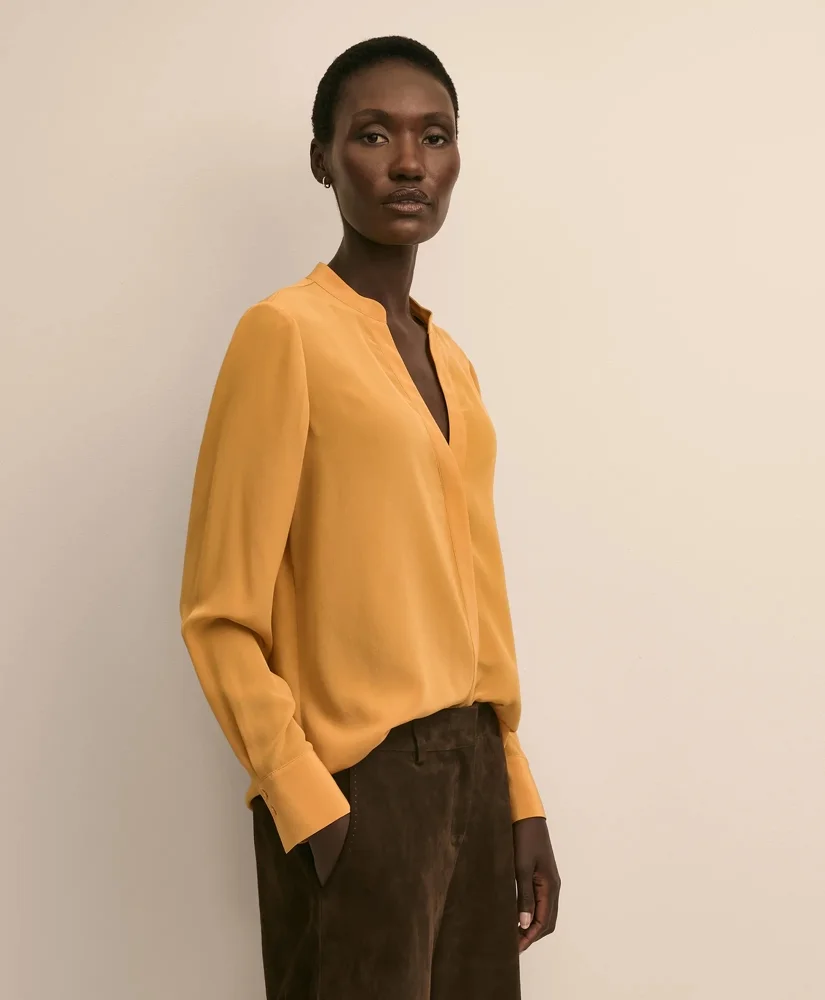 Silk Open V-Neck Blouse - 1