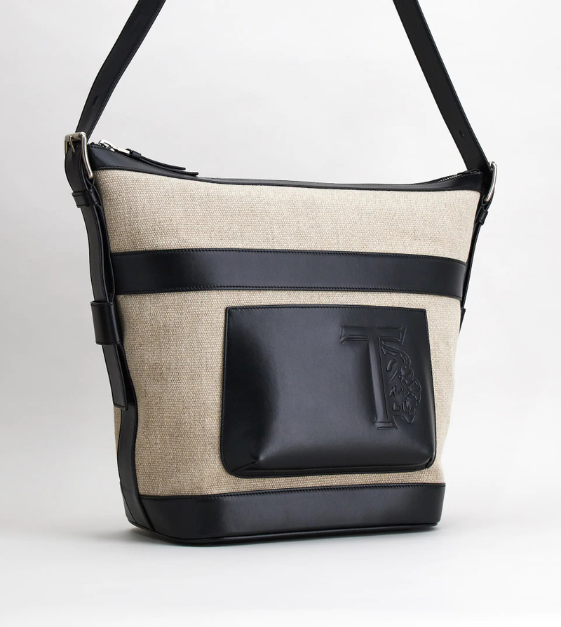 Tod's FABRIC AND LEATHER BUCKET BAG MEDIUM - BEIGE, BLACK outlook
