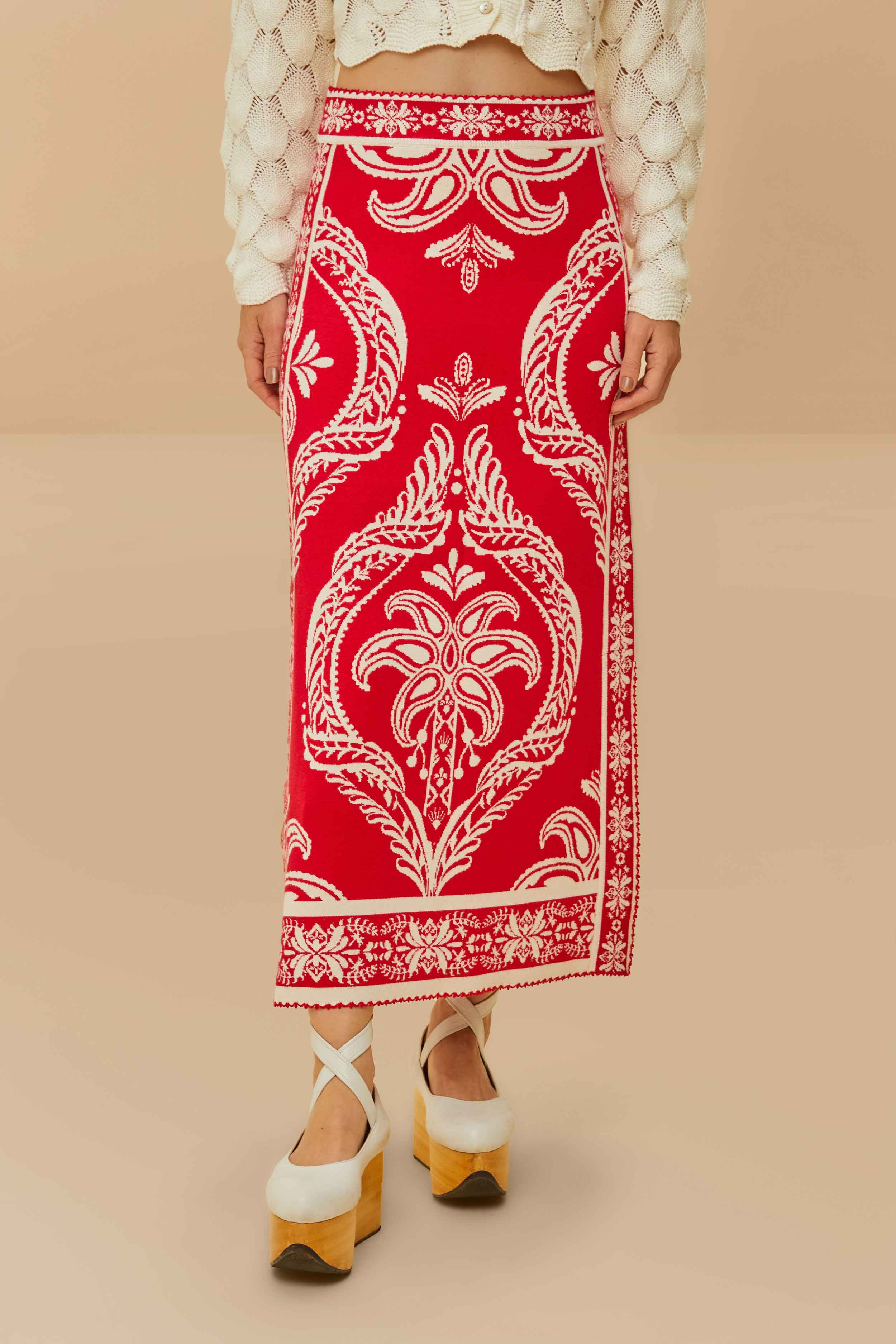 Red Tropical Jacquard Knit Skirt - 3