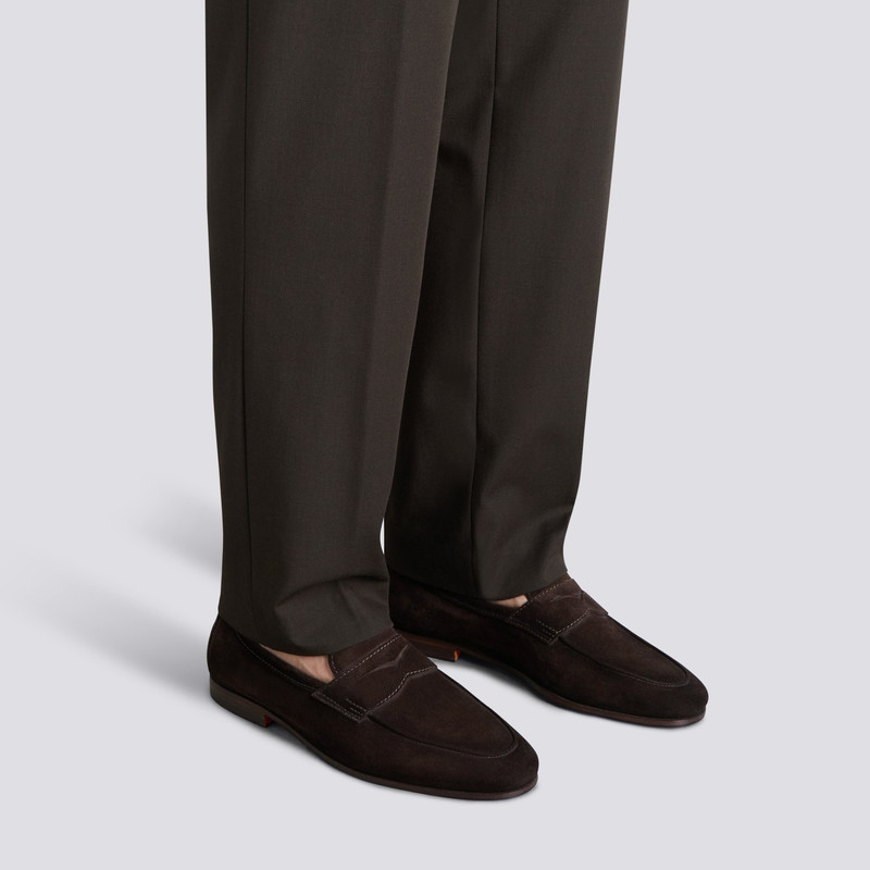 Santoni Men's dark brown suede Carlo penny loafer outlook