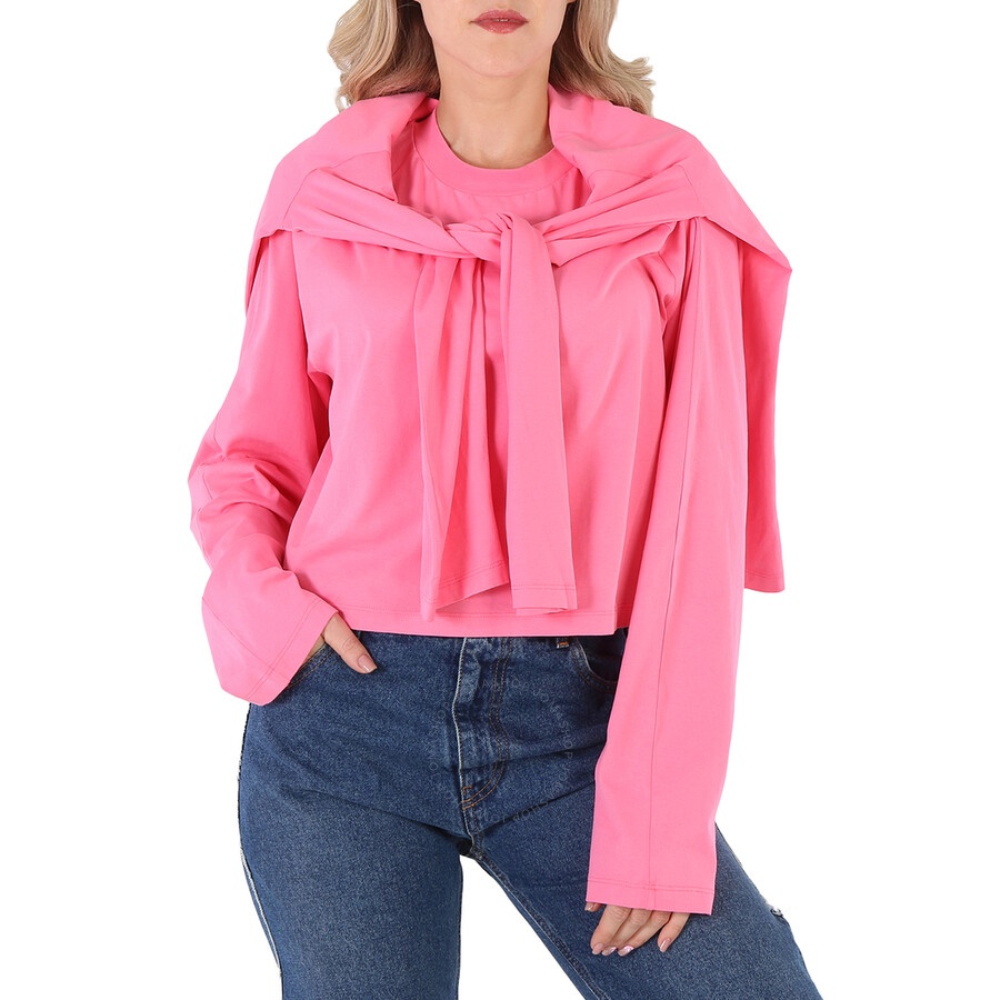 Mm6 Ladies Neon Pink Draped Split-Sleeve Top - 3