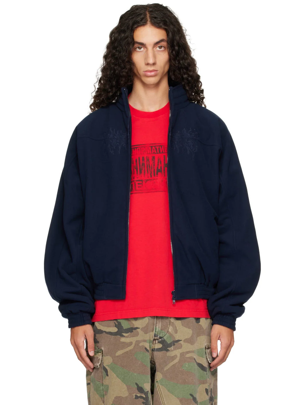 Navy Embroidered Metal Logo Fleece Jacket - 1