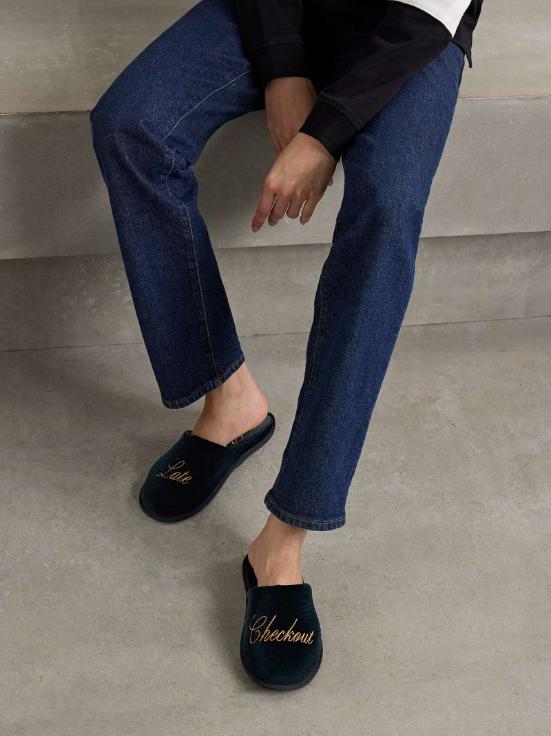 FRAME + Ritz Paris Late Checkout embroidered velvet slippers Navy outlook