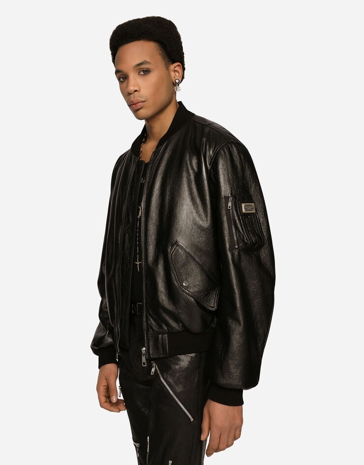 Leather jacket with branded tag - 5