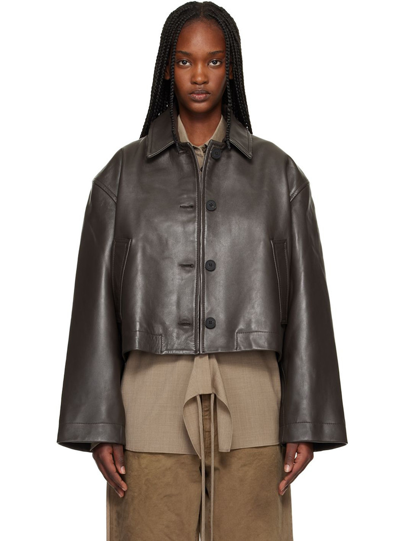 Brown Button Through Cropped Leather Jacket 1