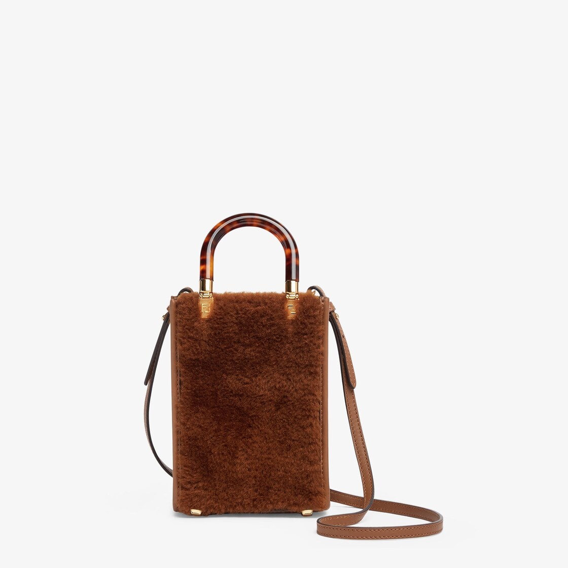 Mini Sunshine Shopper bag made of soft brown sheepskin with white FF inlay and stiff plexiglass tort - 3