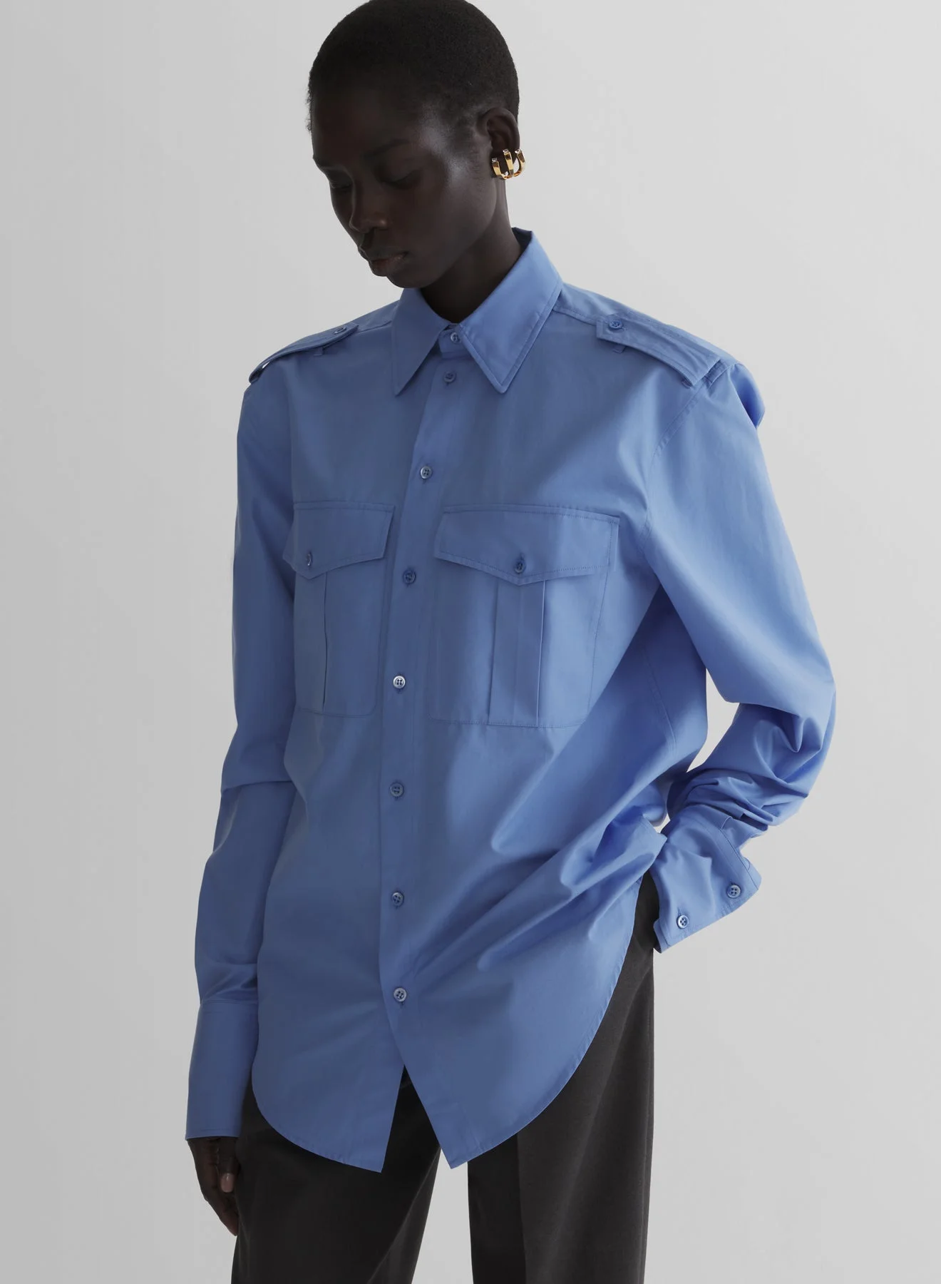smocked blue military shirt - 1