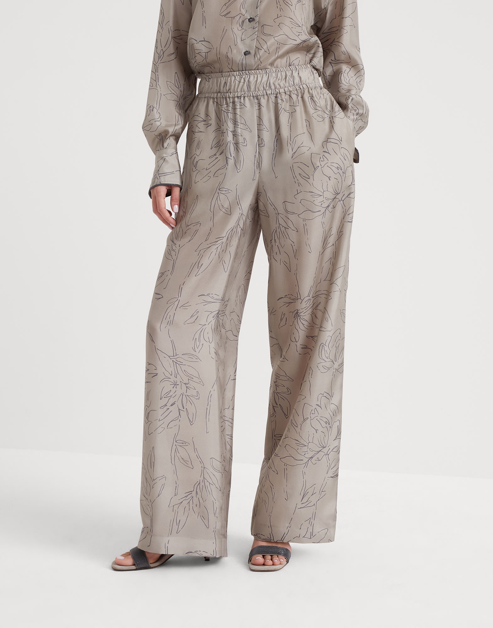 Silk ginkgo print pongée loose pyjama trousers - 1