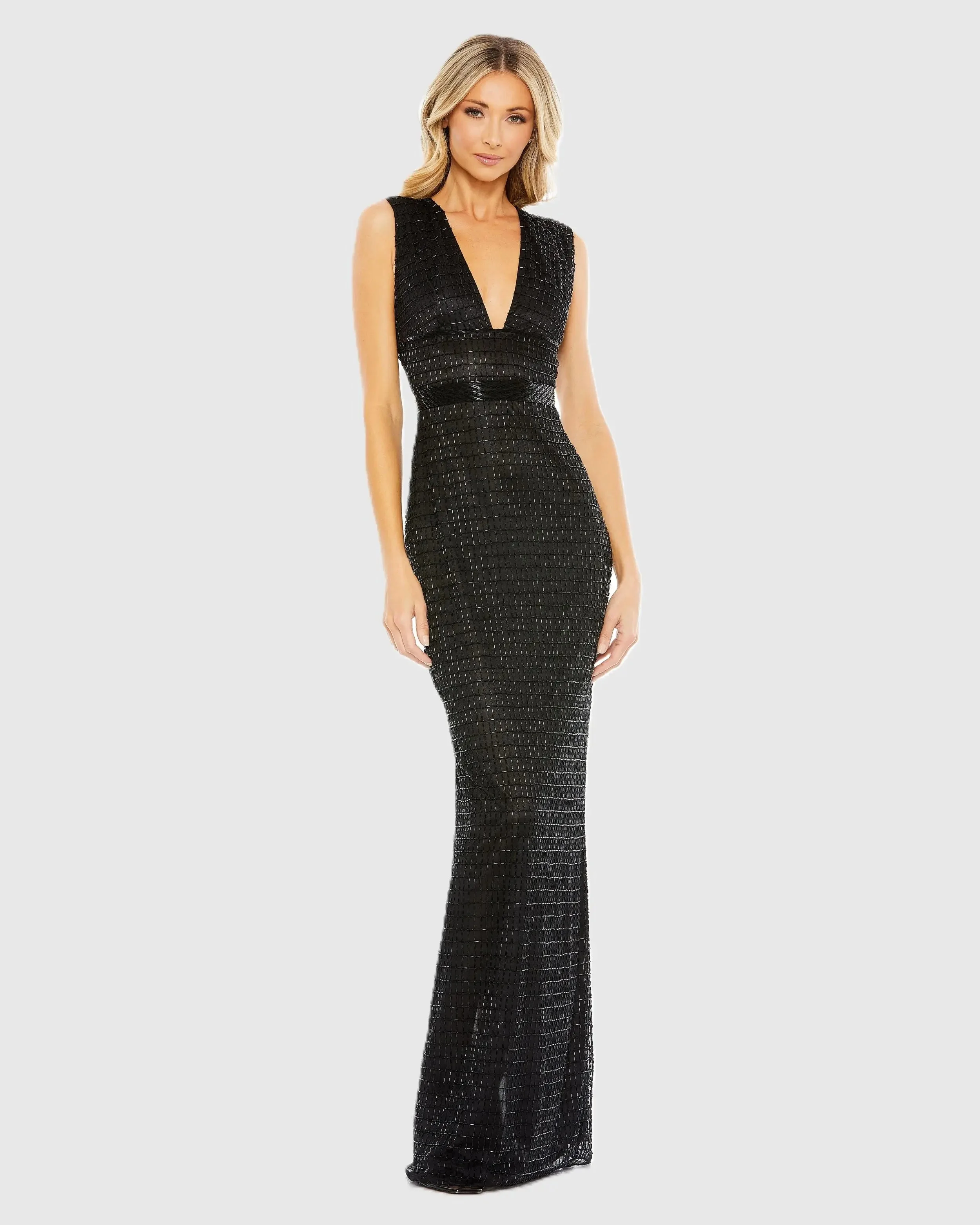 Black Beaded Cap Sleeve V Neck Column Gown - 1
