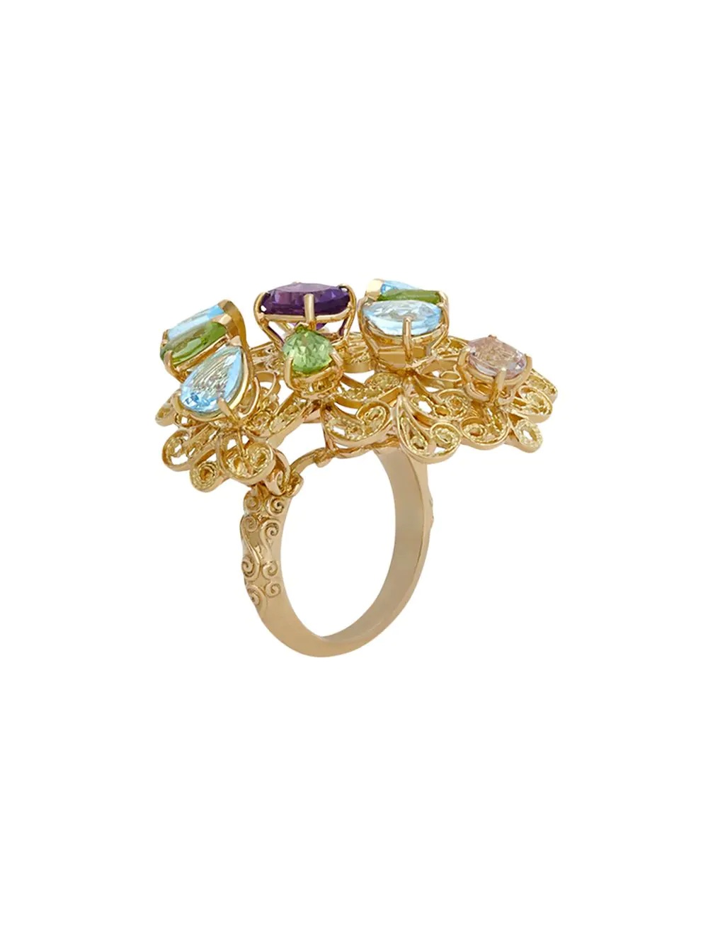 18kt yellow gold Pizzo filigree amethyst, aquamarines, peridots and morganite ring - 2