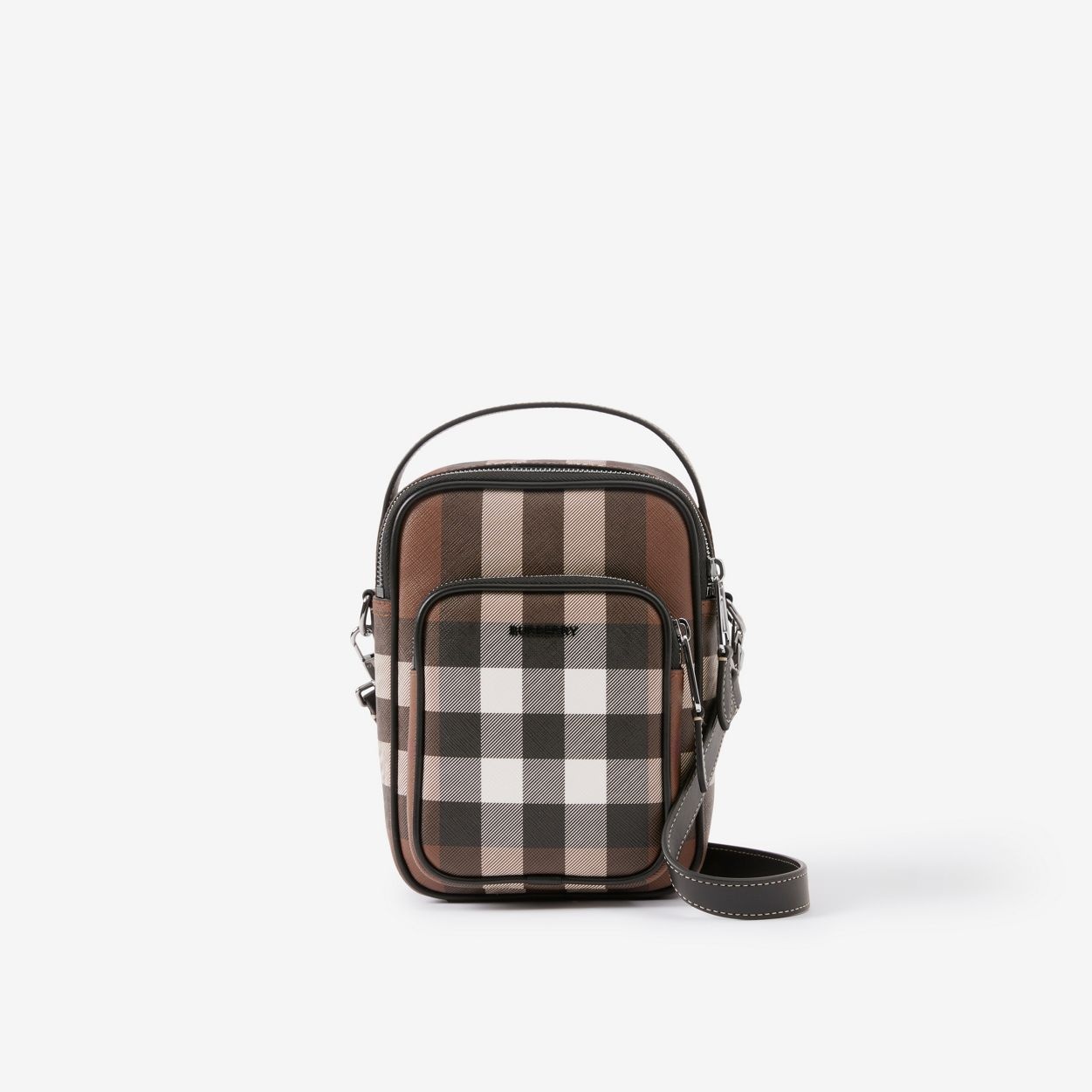 Check and Leather Crossbody Bag - 1